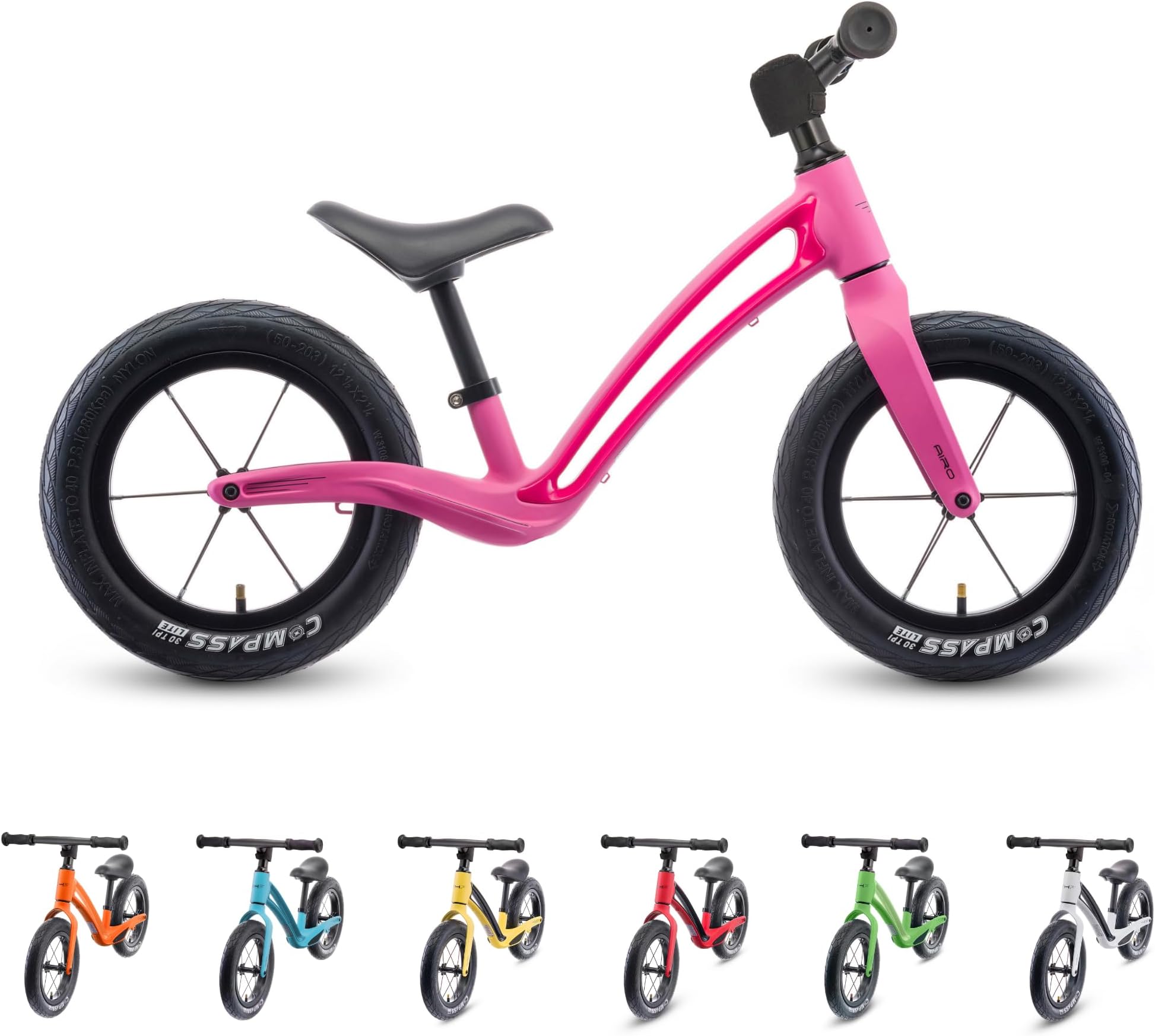 Hornit AIRO 12 in Balance Bike, 2.95 kg, Flamingo Pink, for Ages 1.5-5 | Magnesium-alloy frame, pneumatic tyres, sealed bearings and integrated footrests suit riders aged 1.5-5.