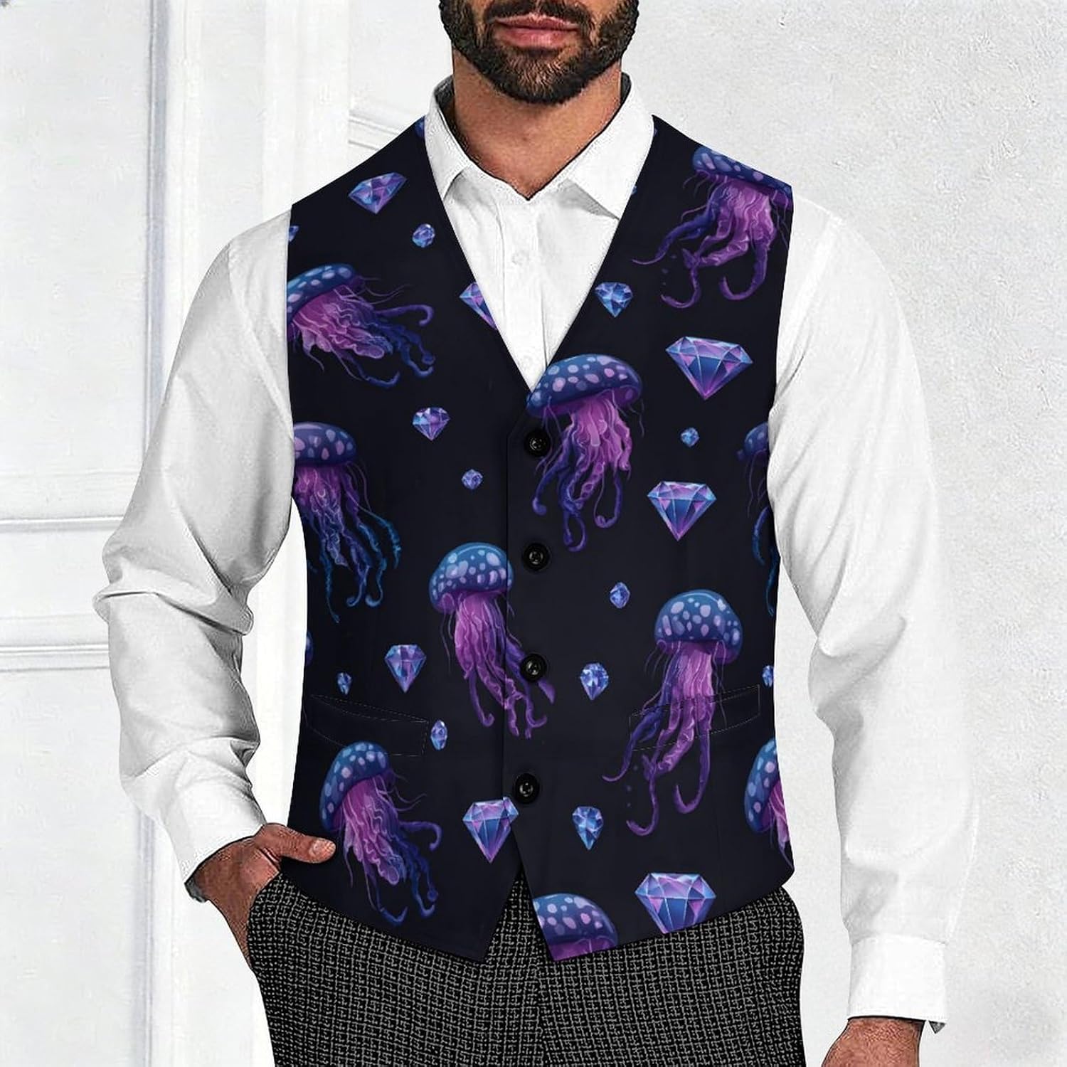 Deep Sea Crystals Jellyfish Men's Suit Vest Formal Vests Casual Dress Fit Waistcoat Casual Tuxedo for Business