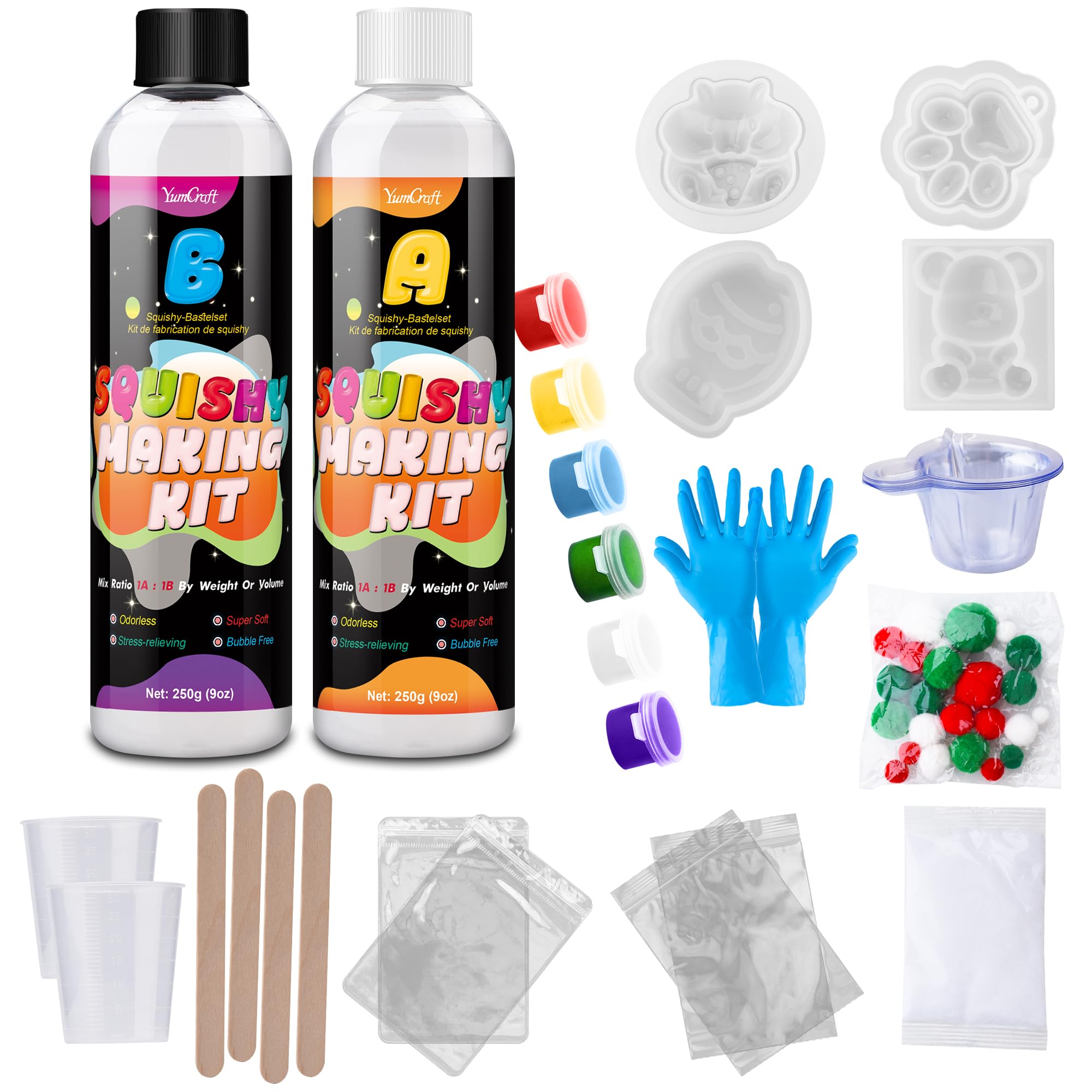 Liquid Silicone for Taba Squishy Kit 500g, 1:1 AB Super Soft Silicone, Bubble-Free Fast Cure, DIY Squishy Making Kit with 4 Moulds (Cat Paw, Hamster, Bear, Taiyaki), Stress Relief Gift for Beginners