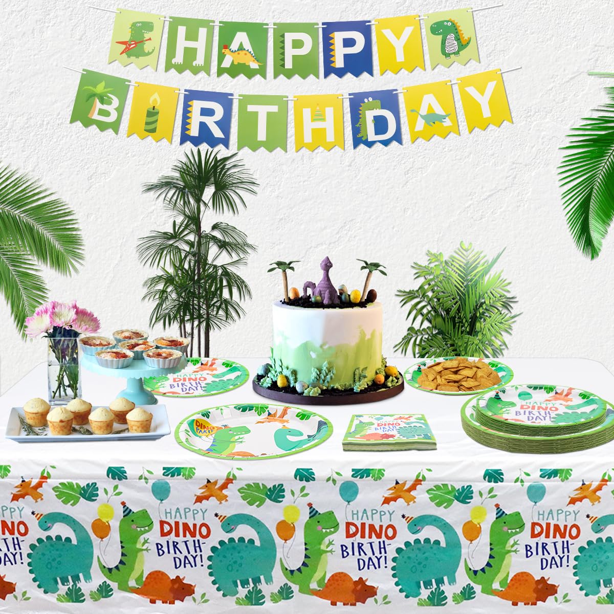 123 Confezione Dinosauro Set di decorazioni per la festa di compleanno di Dino: piatti, tovaglioli, striscione di compleanno, tovaglia per 40 invitati.
