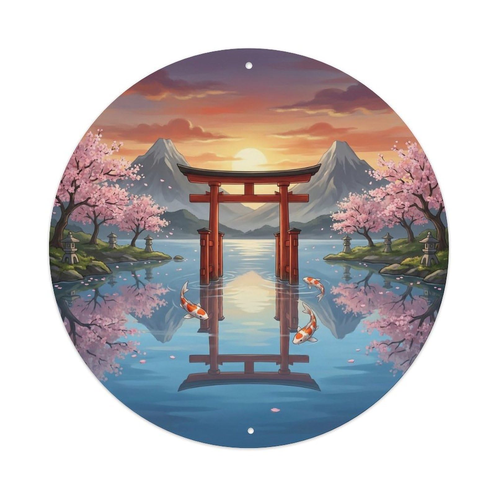 Olyhtr 8X8inch Classic Style Torii Lantern Koi Pond Water Vintage Classic Metal Tin Sign