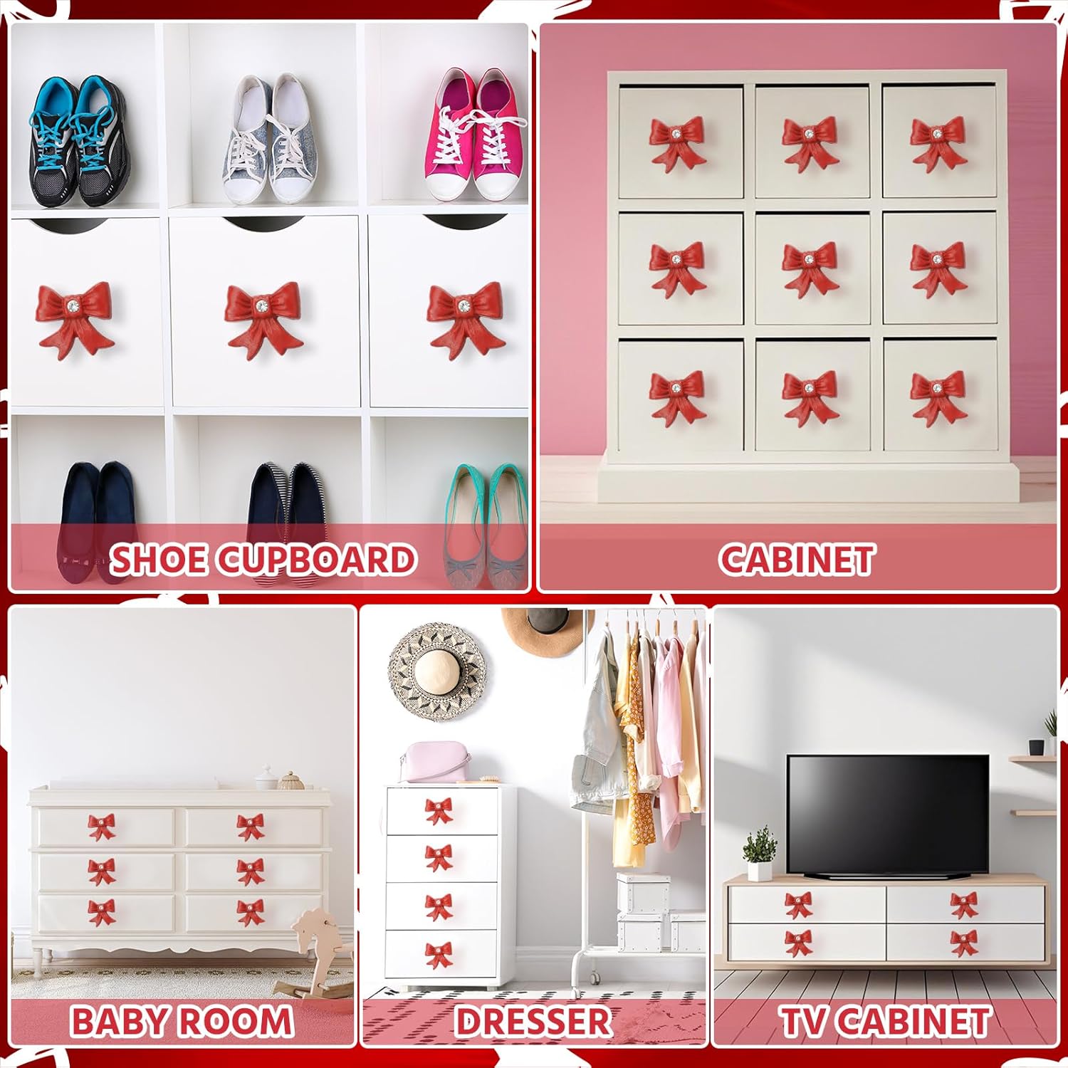 MorningRo 8 Pcs Red Bow Dresser Knobs Cast Iron Drawer Cabinet Knobs Coquette Girly Bow Vintage Decorative Drawer Pull Handles for Nursery Girls Room Vanity Wardrobe Bedroom Kitchen Home Decor