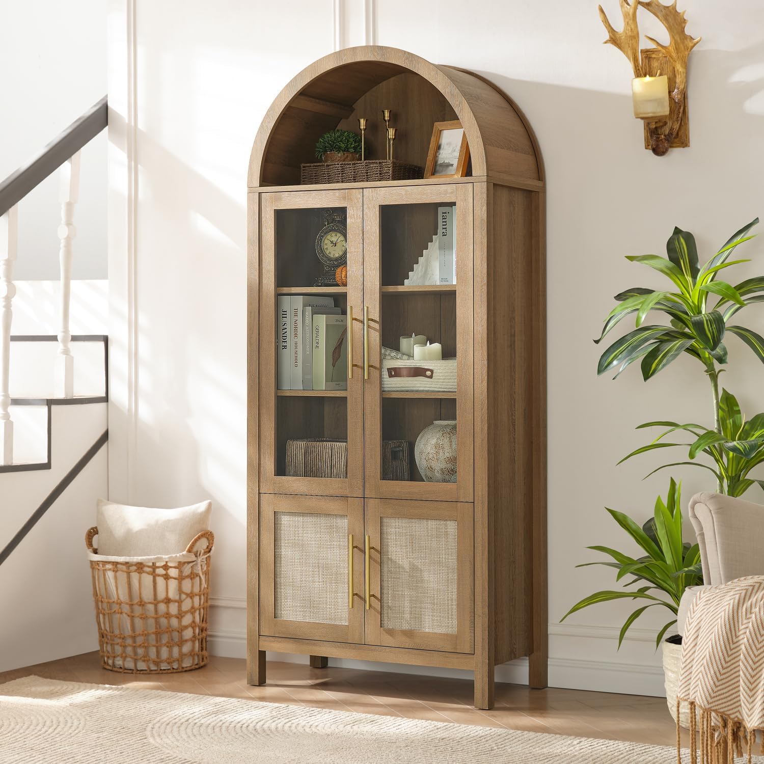 71" Tall Arched Display Cabinet, 5-Tier Bookshelf Modern Farmhouse Arched Bookcase with Glass Doors and Shelves, Wooden Pantry Storage Cabinet for Living Room, Office and Kitchen, Caramel Oak