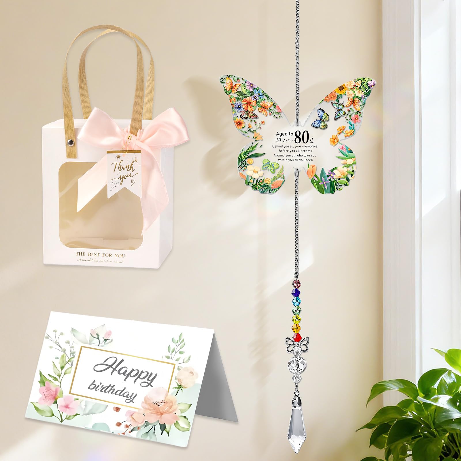 80th Birthday Gifts for Women, Beautiful Butterfly Acrylic Crystal Suncatcher with Card Gift Bag, Birthday Ideas for Mum Sister Wife Unique Anniversary