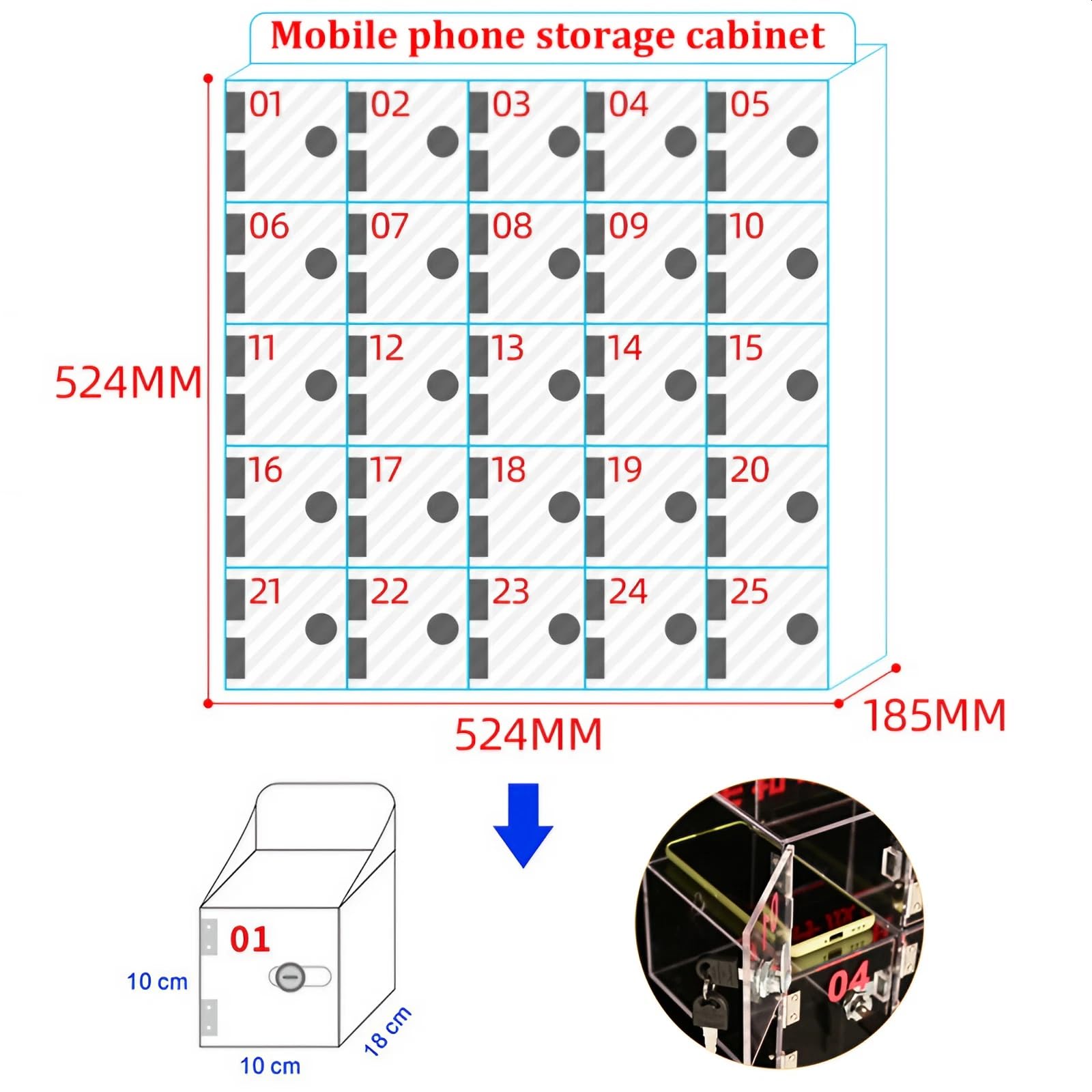 Mobile porta cellulare trasparente, in acrilico, con serratura e chiavi, 25 scomparti, sicuro per telefoni e chiavi, perfetto per scuole, uffici e aziende