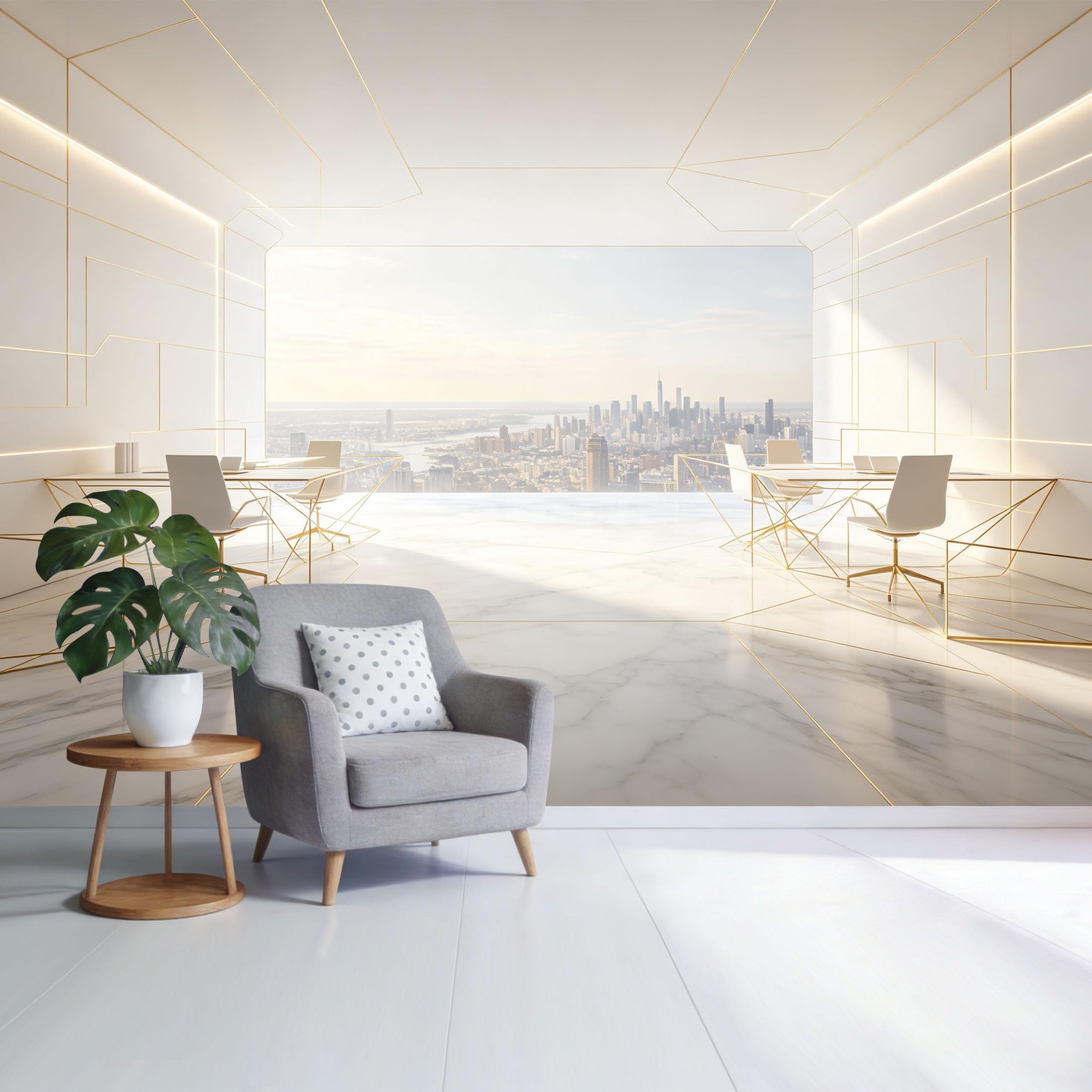Custom Size Wall Mural Modern City Skyline View Minimalist Geometric Office Interior Bright Marble Floor SelfAdhesive Wall Fabric Removable Wallpaper for Home Office Decor