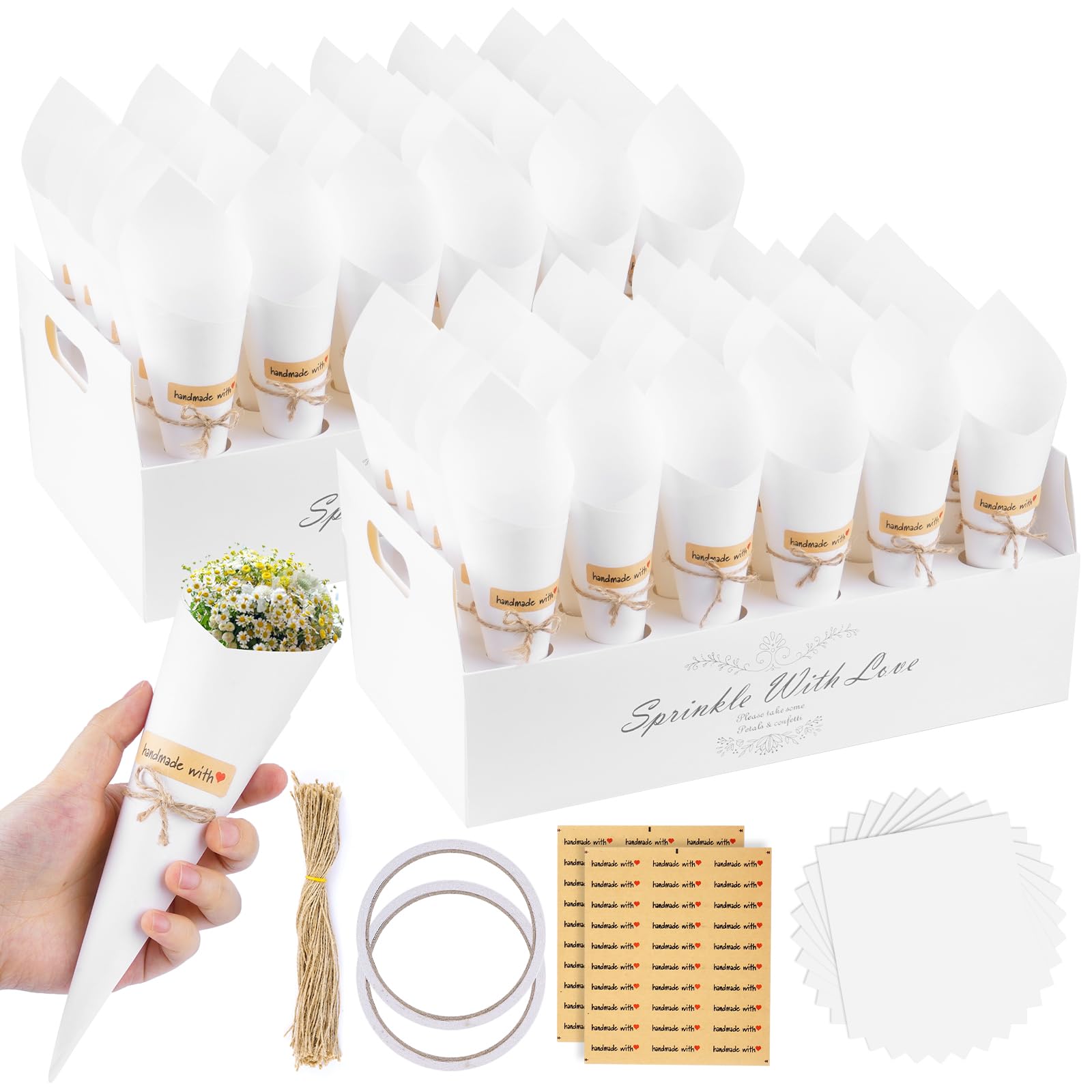 KALBIGRO 60 Pezzi Coni Portariso Matrimonio, Kraft Coni Riso Matrimonio con 2 Portacoriandoli, per Nozze Comunione Compleanno, Bianco - 2
