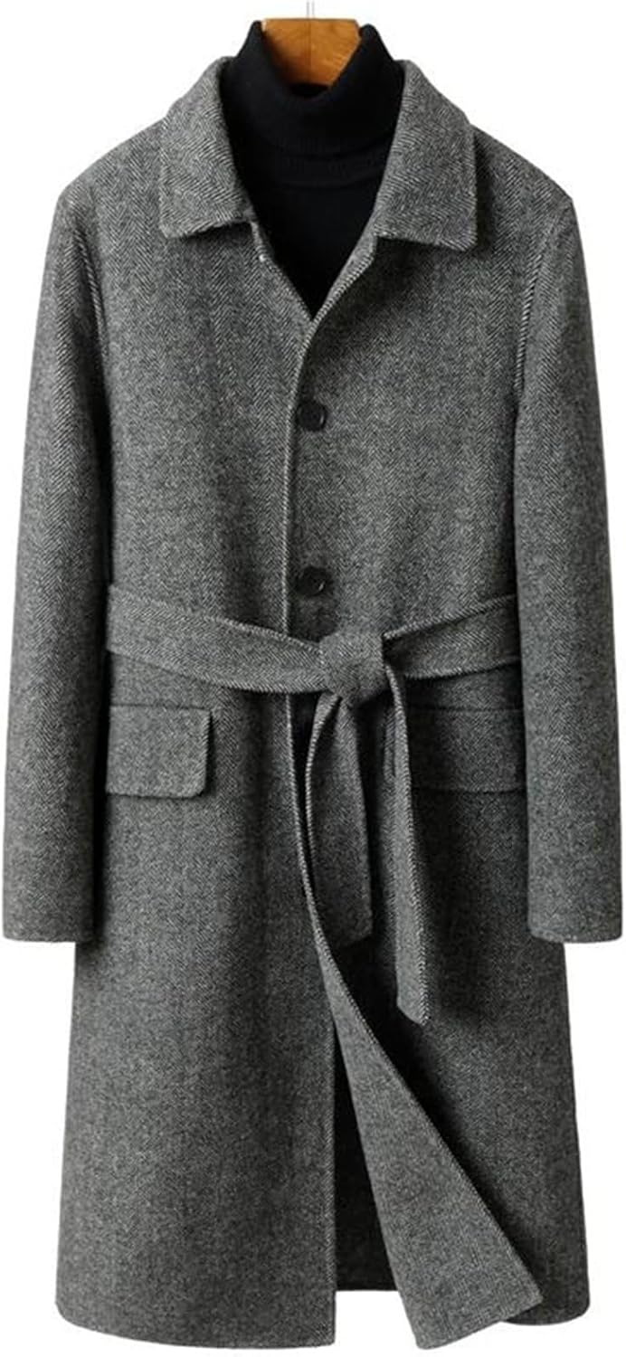 Mens Winter 100Percent Wool Coats For Belt Business Casual Double Sided Long Jacket