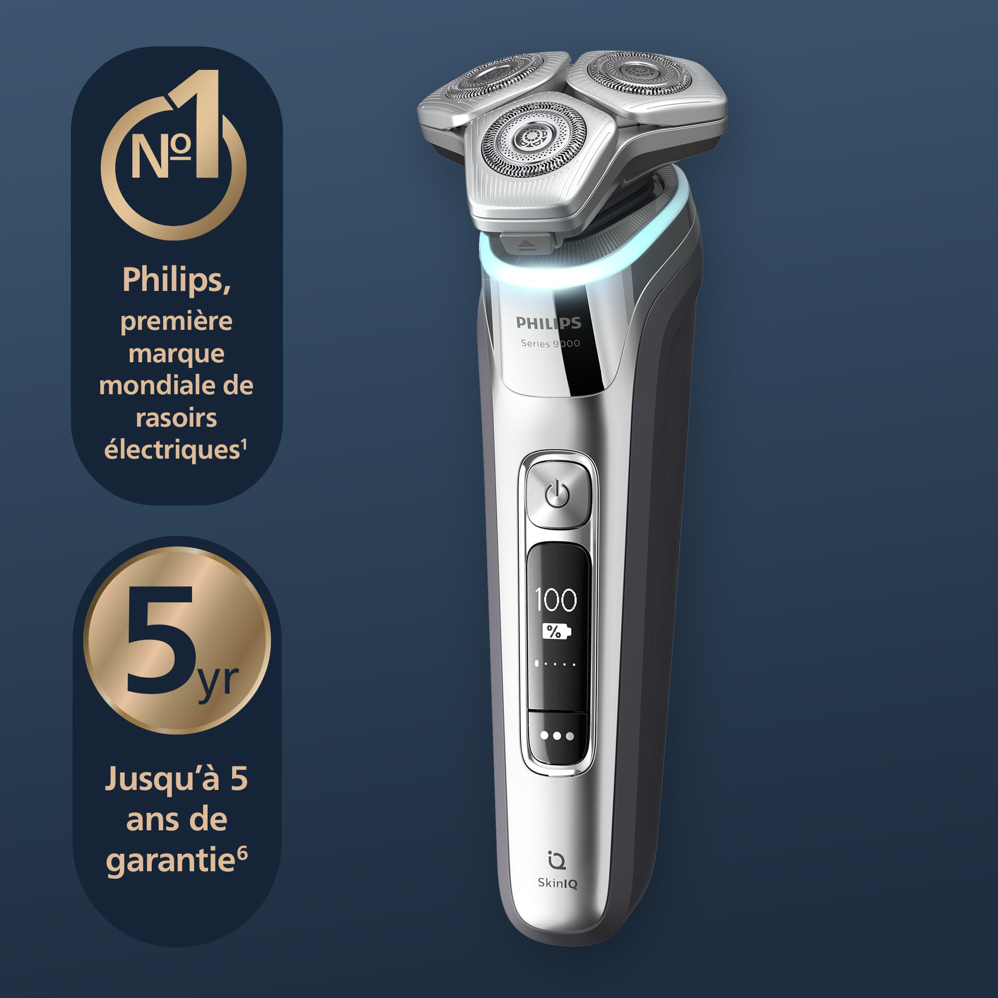 Philips S9000 - rasoir électrique Wet & Dry pour hommes couleur Argent chromé avec lames Lift & Cut, technologie SkinIQ, tondeuse à barbe, socle de charge et étui de transport (modèle S9975/35)