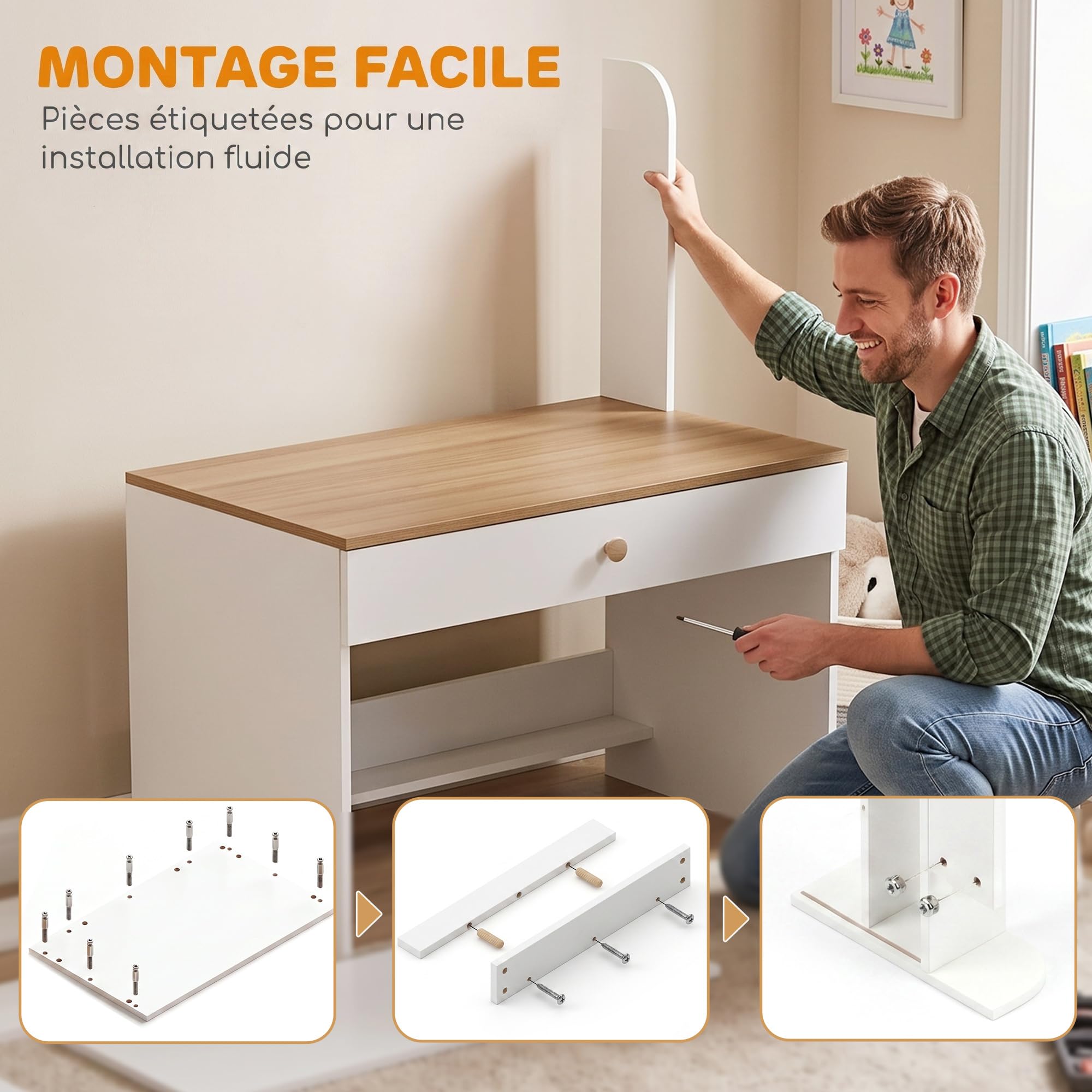 AIYAPLAY Bureau Enfant en Bois avec Rangement Plateau Large Blanc