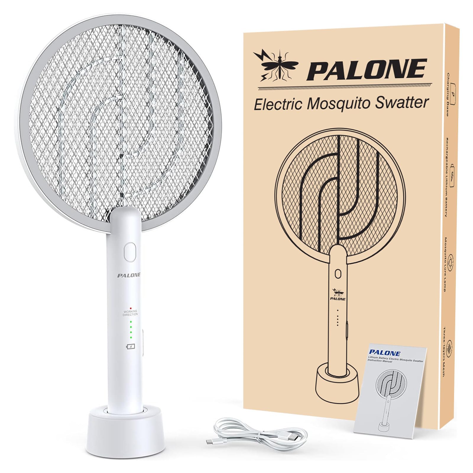 PALONE Racchetta Zanzare Elettrica, 4000V con USB Ricaricabile LED 2-In-1 Racchetta Zanzare Elettrico, Protezione Maglia a 3 Strati, Adatto per Casa Giardino Campeggio Interni ed Esterni - Bianco