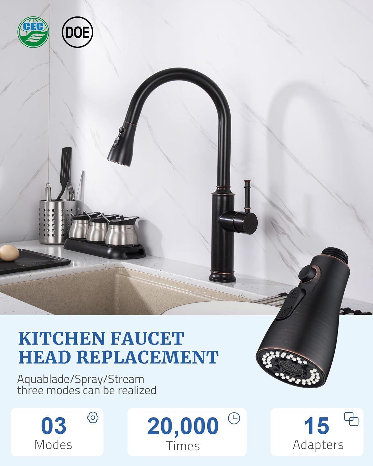 Kitchen Faucet Spray Head Replacement, Pull Down Sprayer with 15 Adapters image 2