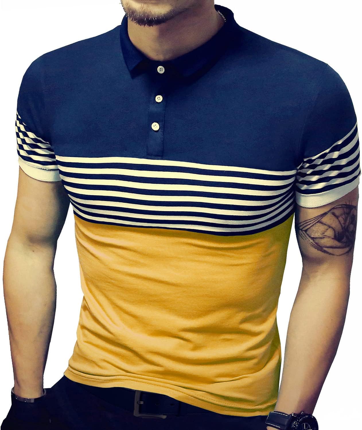 LOGEEYAR Mens Summer Slim Fit Contrast Color Stitching Stripe Short Sleeve Polo Casual T-Shirts