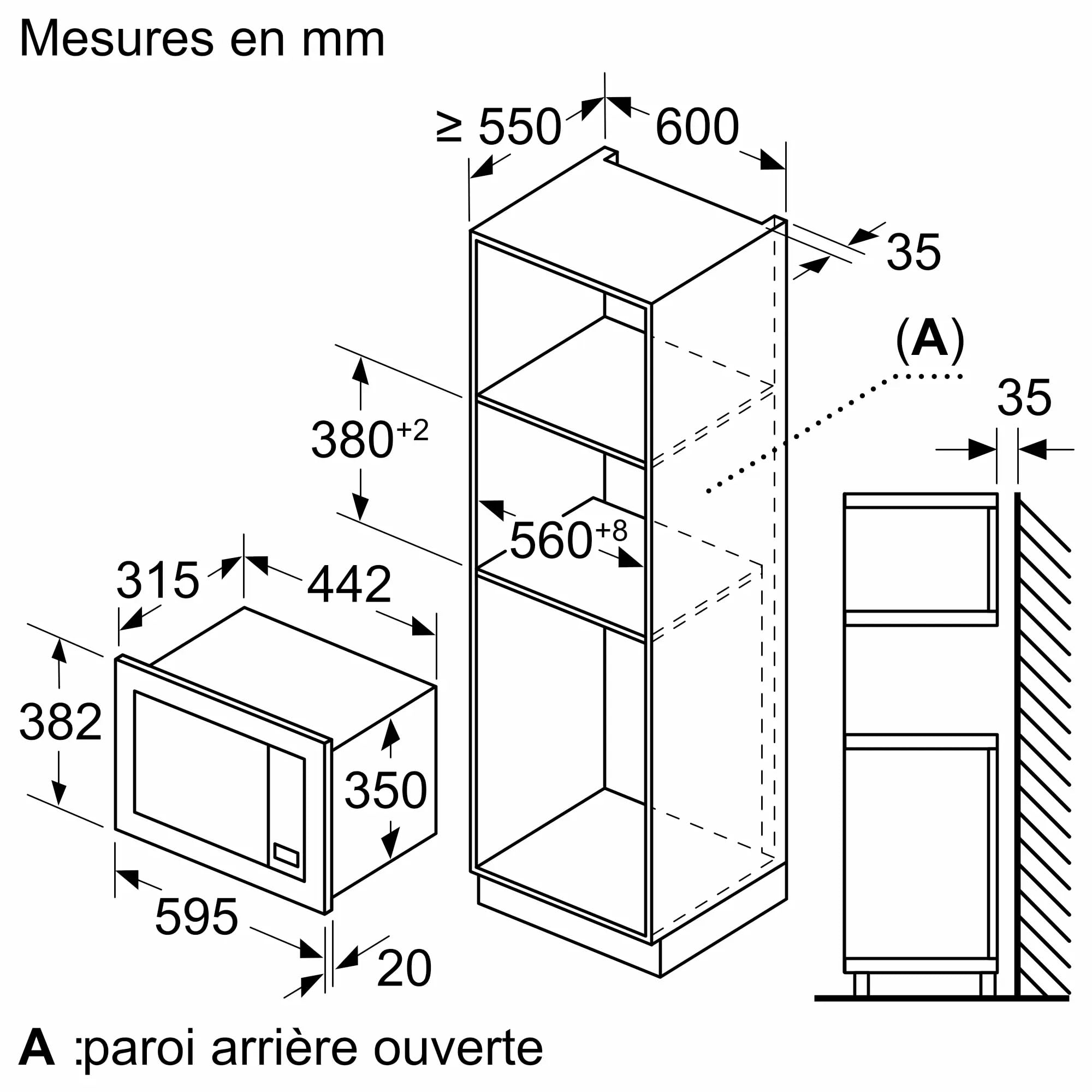 Bosch BFL623MB4, Série 2, Micro-ondes encastrable, 38.2x59.5 cm, 20 litres, Noir