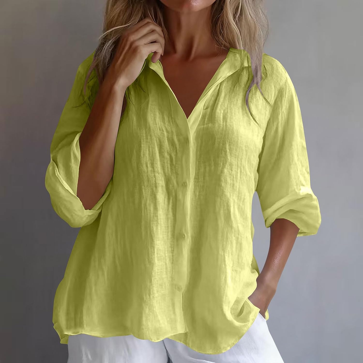 Women's V-Neck Button Front Top - Long Sleeve Regular Fit Casual Shirt, Timeless Cotton Linen Solid Color Blouses