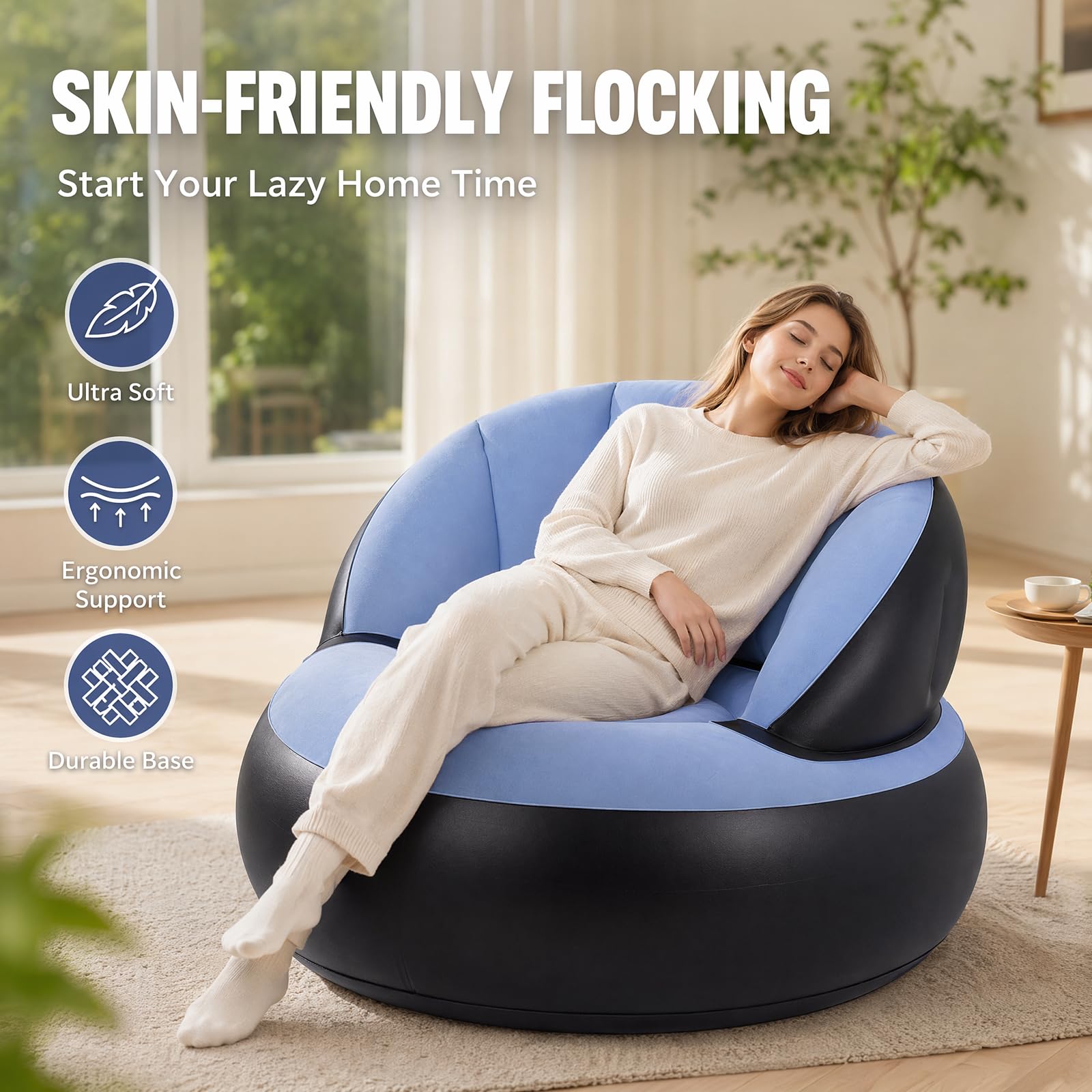 Canapé Gonflable avec Surface Floquée, Étanche Pouf Gonflable avec Pompe, Fauteuil Gonflable Exterieur et Intérieur pour Camping, Voyages, Piscine(Bleu Clair)