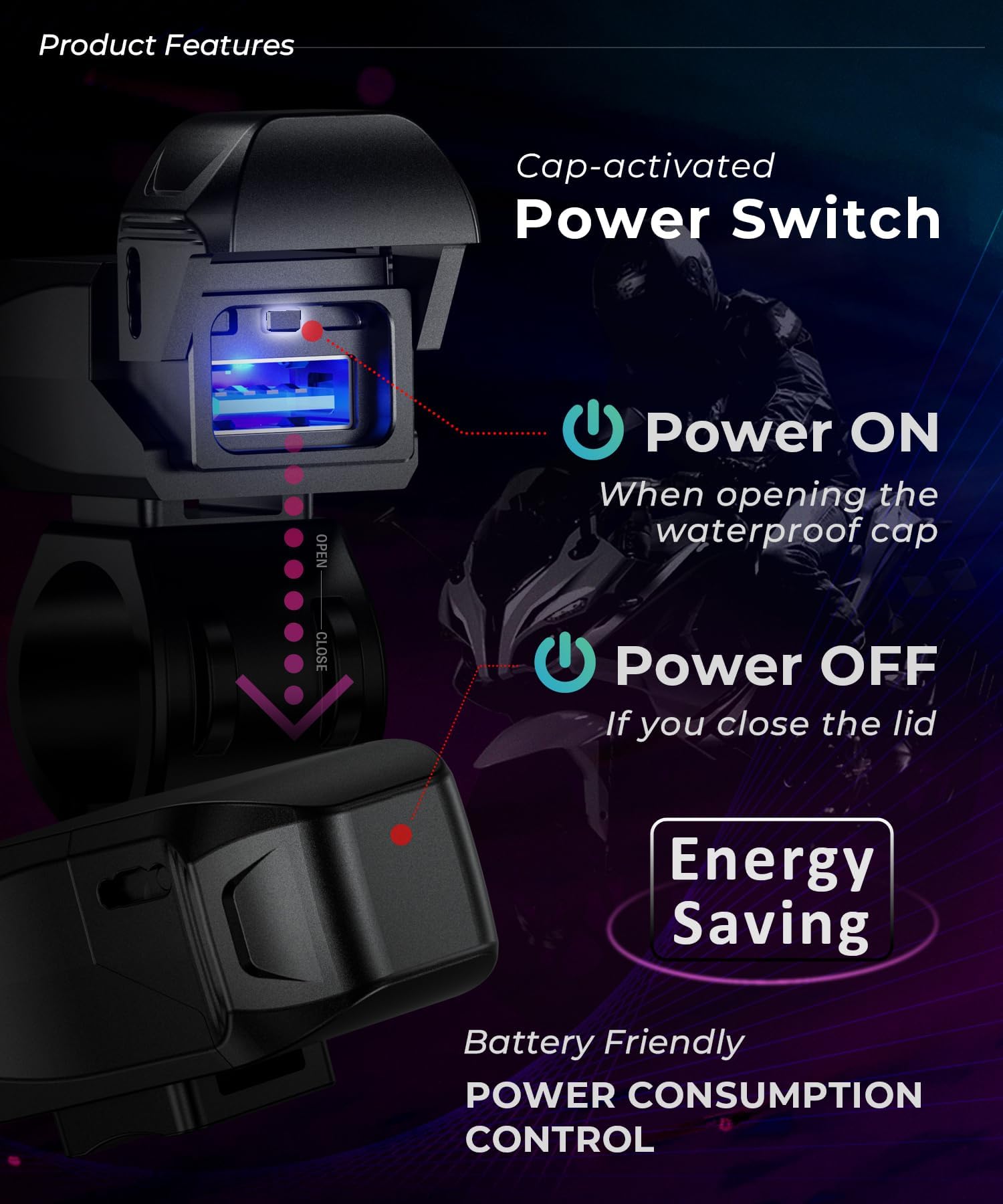 KAEDEAR Cargador de motocicleta USB-A y USB-C con interruptor, KDR-M3-AC