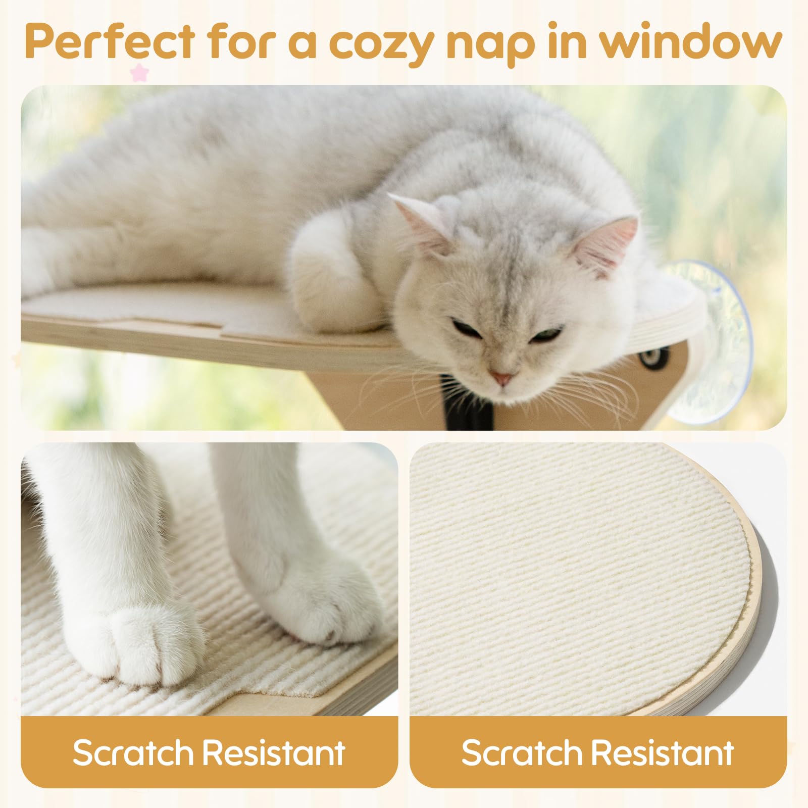 EDAGNY Katzenfenstersitzstange, Katzenkratzbaum und Katzenplattform mit starken Saugnäpfen für Hauskatzen (Grundfarbe, 3 PCS Set)