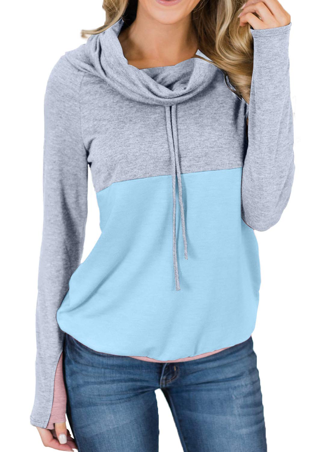 Womens Cowl Neck Striped Long Sleeve Sweatshirt Drawstring Casual