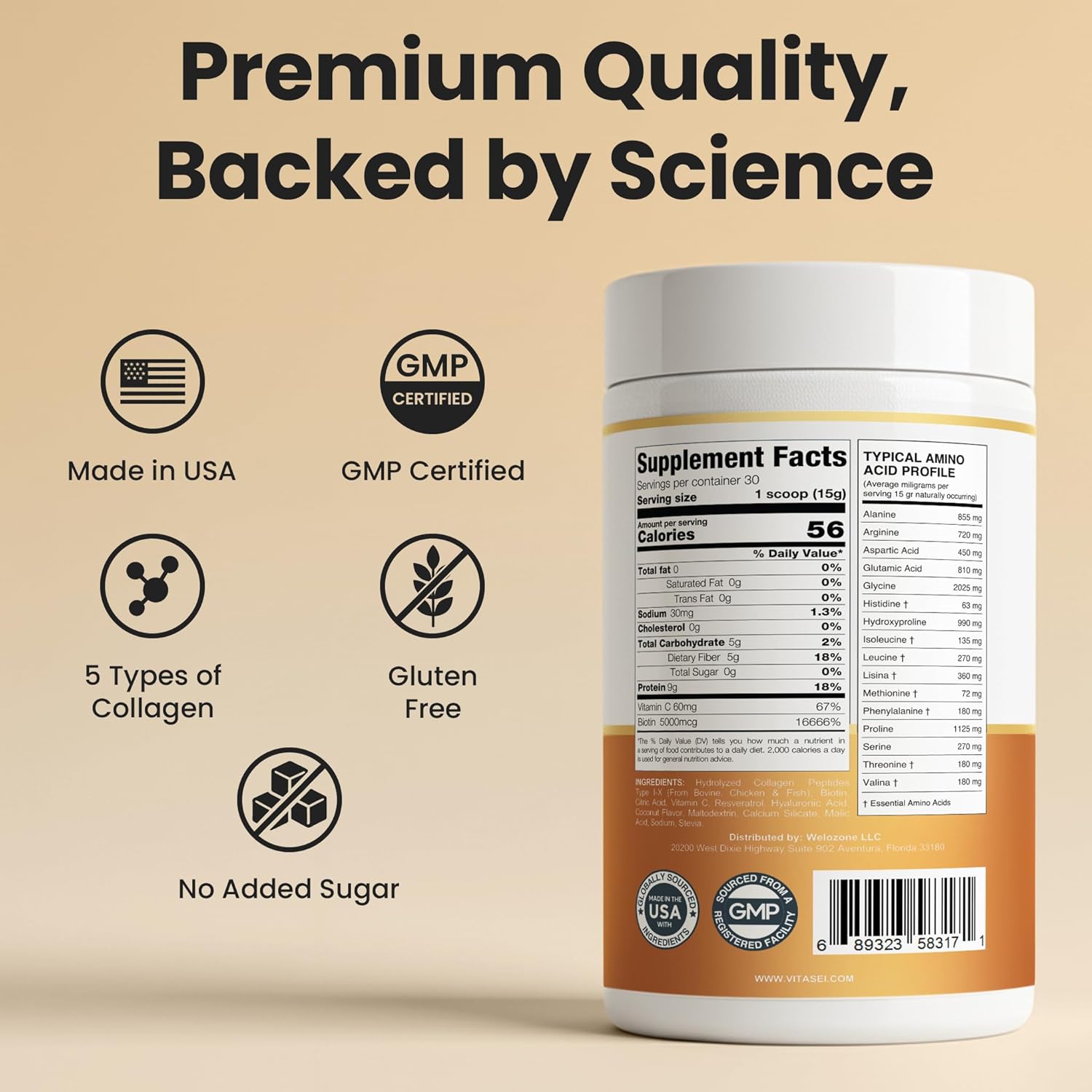 VITASEI Hydrolyzed Collagen Peptides Powder with Resveratrol & Vitamin C – Hair, Skin & Joint Support with Hyaluronic Acid – Colágeno Hidrolizado for Women & Men – Unflavored, 16 oz (30 Servings)