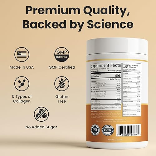 Miniatura 5 de VITASEI Polvo de péptidos de colágeno hidrolizados con resveratrol y vitamina C - Soporte para el cabello, la piel y las articulaciones con ácido