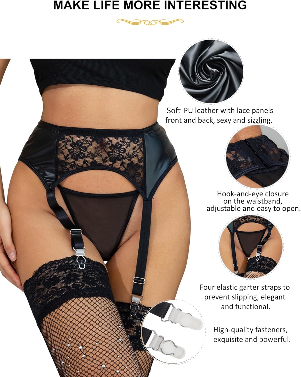 ohyeah Leather Garter Belt for Thigh Highs Stockings Plus Size Garter Belts Black Lace Vintage Garter Belt 4-Strap Suspenders - Image 2