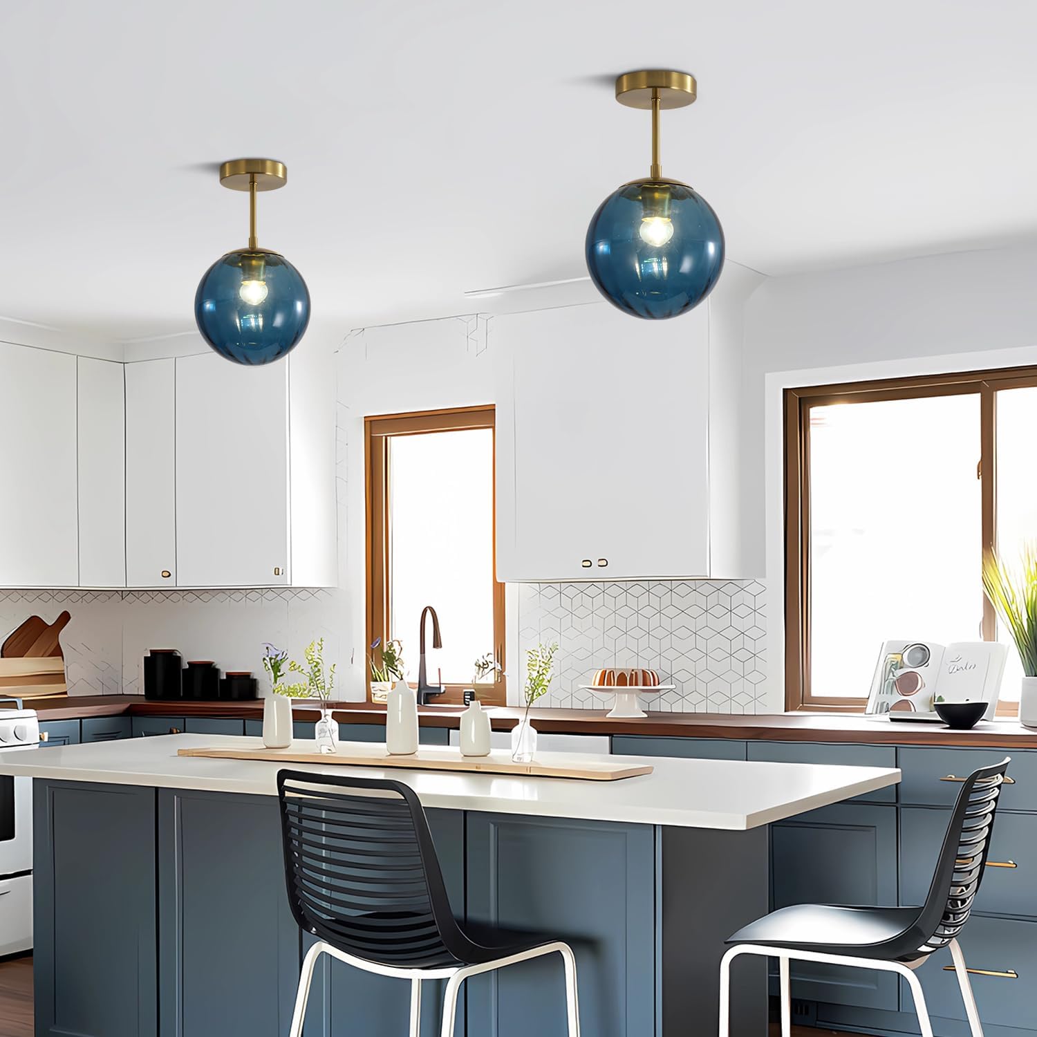 KCO Lighting Small Blue Glass Globe Ceiling Lights MCM Bedroom Semi Flush Mount Ceiling Light Brushed Gold Flush Mount Ceiling Light Fixture