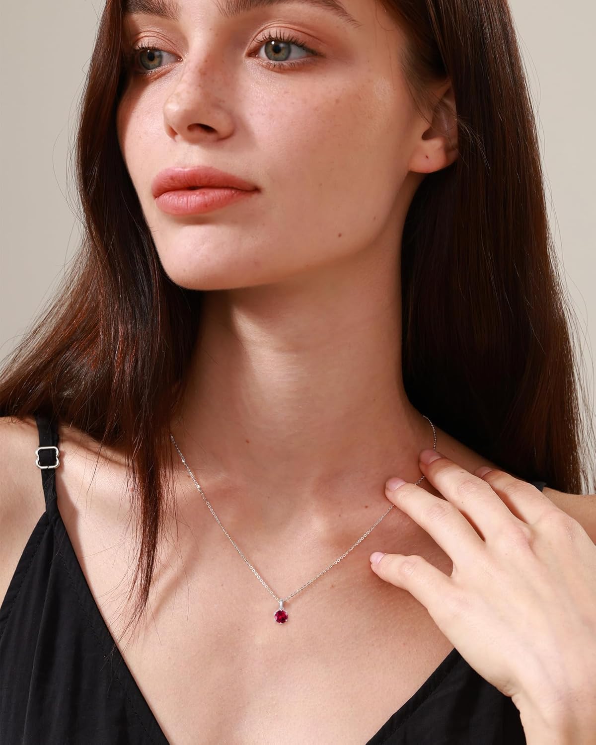 FANCIME 14K Solid White Gold Flower Pendant with Sterling Silver Chain Birthstone Heart Red Gemstone Fine Jewelry Birthday Mothers Day Gifts for Women Her - Image 2