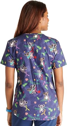 Cherokee Prints Women Scrubs Top V-Neck Print CK652 | Two Patch Pockets, Pencil Stitch, Side Vents, 26-Inch Back Length, Storage And Mobility For Healthcare Work