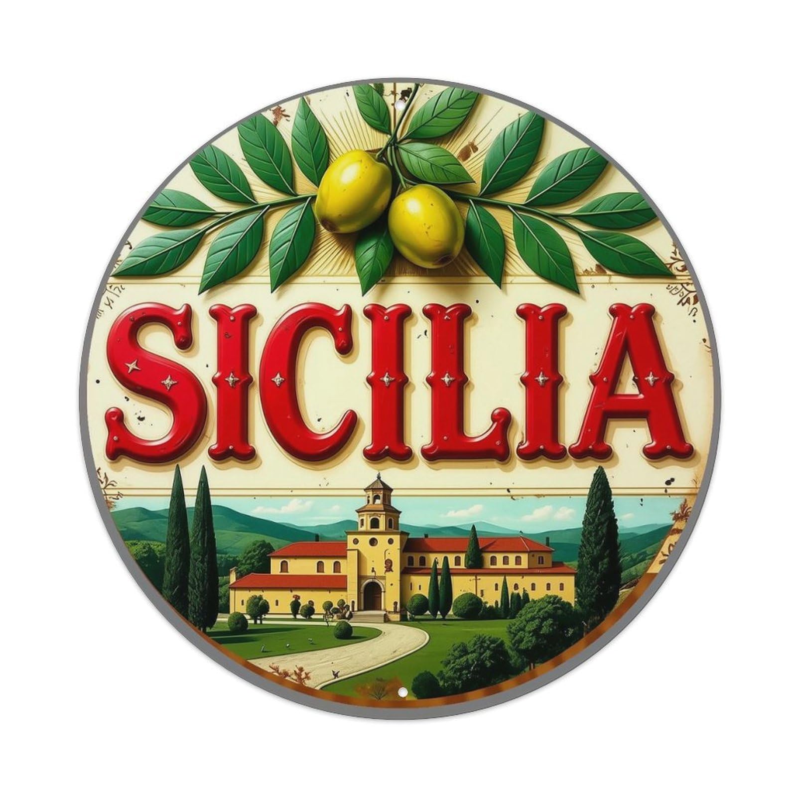 Sicilia Olive Branch Villa Landscape Retro Metal Sign Round Tin Sign, Vintage Decor Art Poster for Bar, Home, Man Cave, Kitchen, Laundry Room Gift 8x8Inch