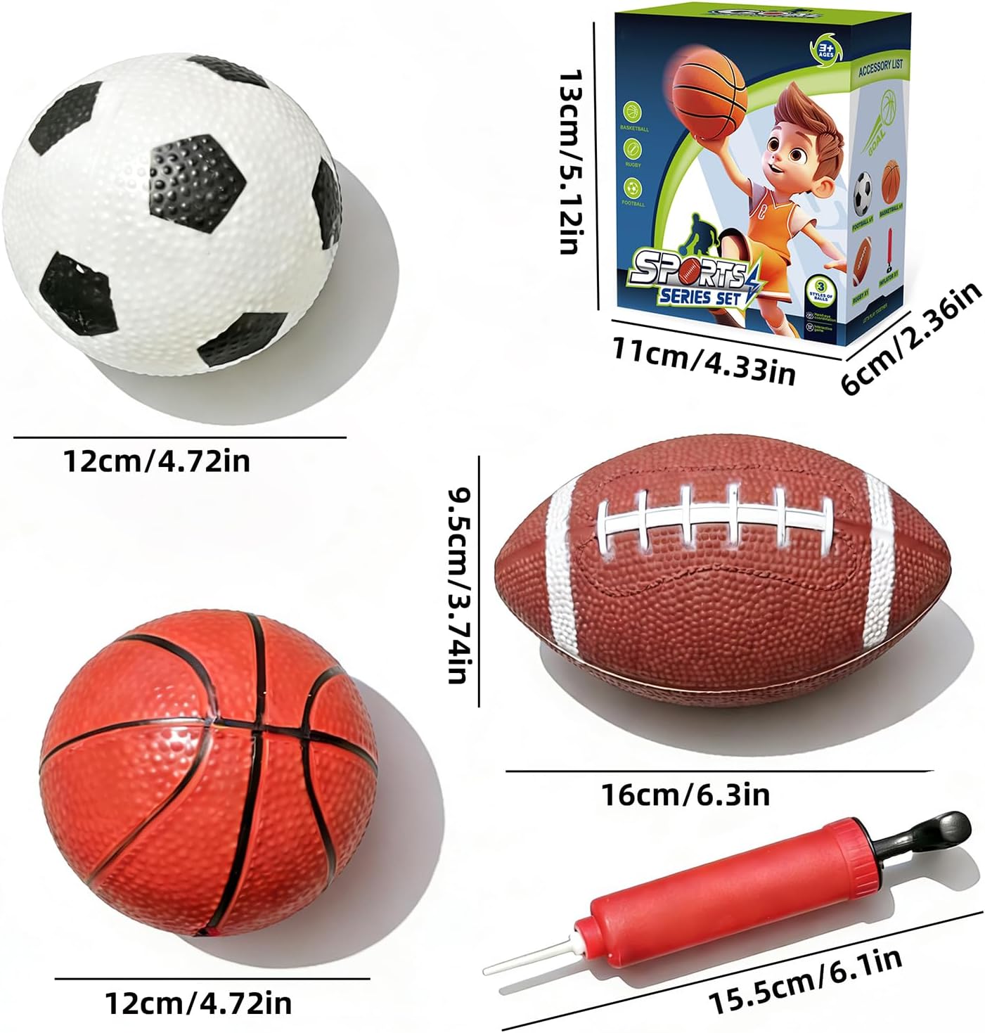 Toddler Balls, Indoor and Outdoor Family Games for Kids, Garden Toys. (Pack of 3) 4.7-Inch Basketball, 4.7-Inch Football, 6.3-Inch American Football(Hand Pump Included). Pet Toys