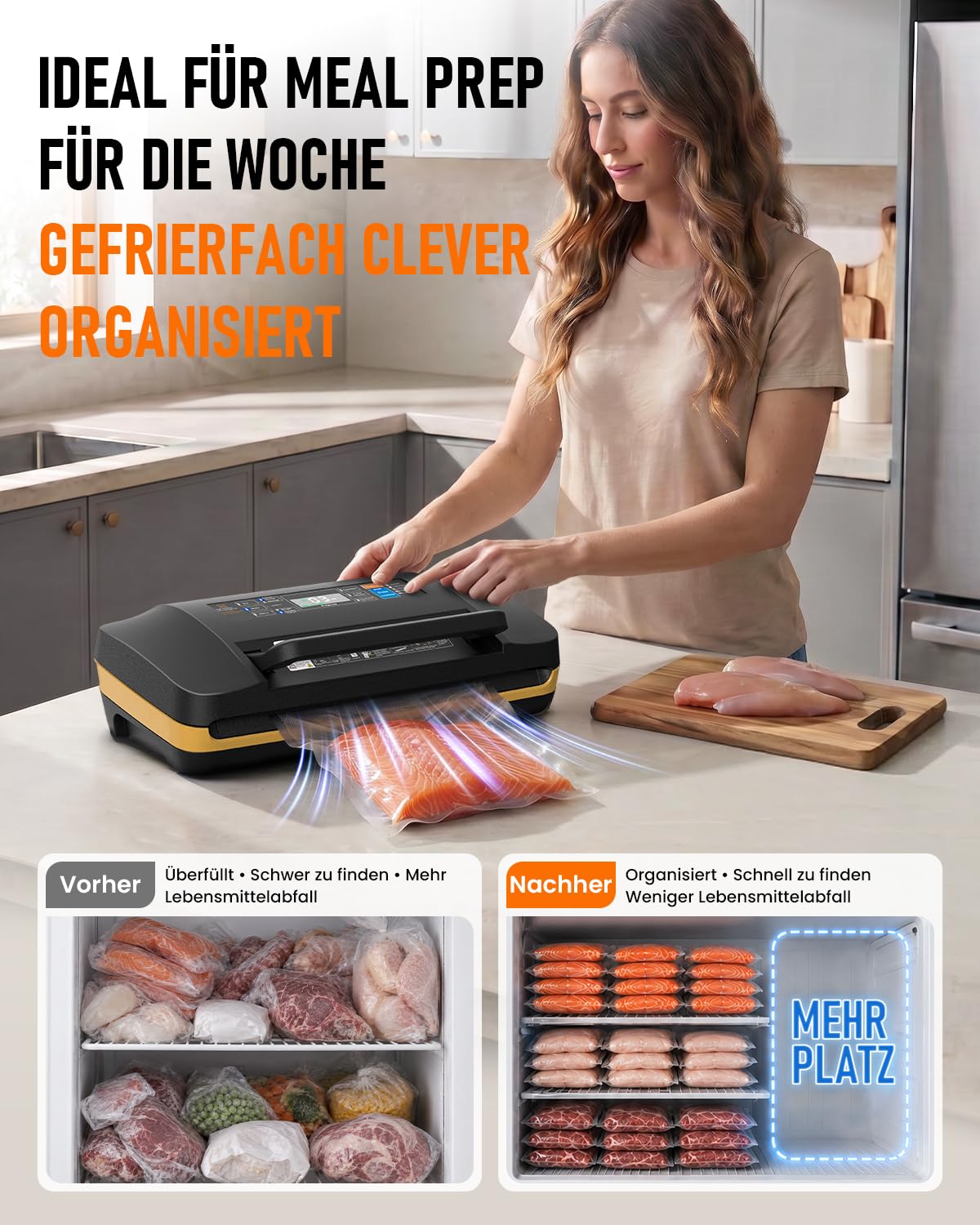 Vakuumiergerät 95 kPa Profi 18-in-1 doppelte Schweißnaht Folienschweißgerät mit Cutter Rollenfach Trocken-Feucht-Modus Sous Vide