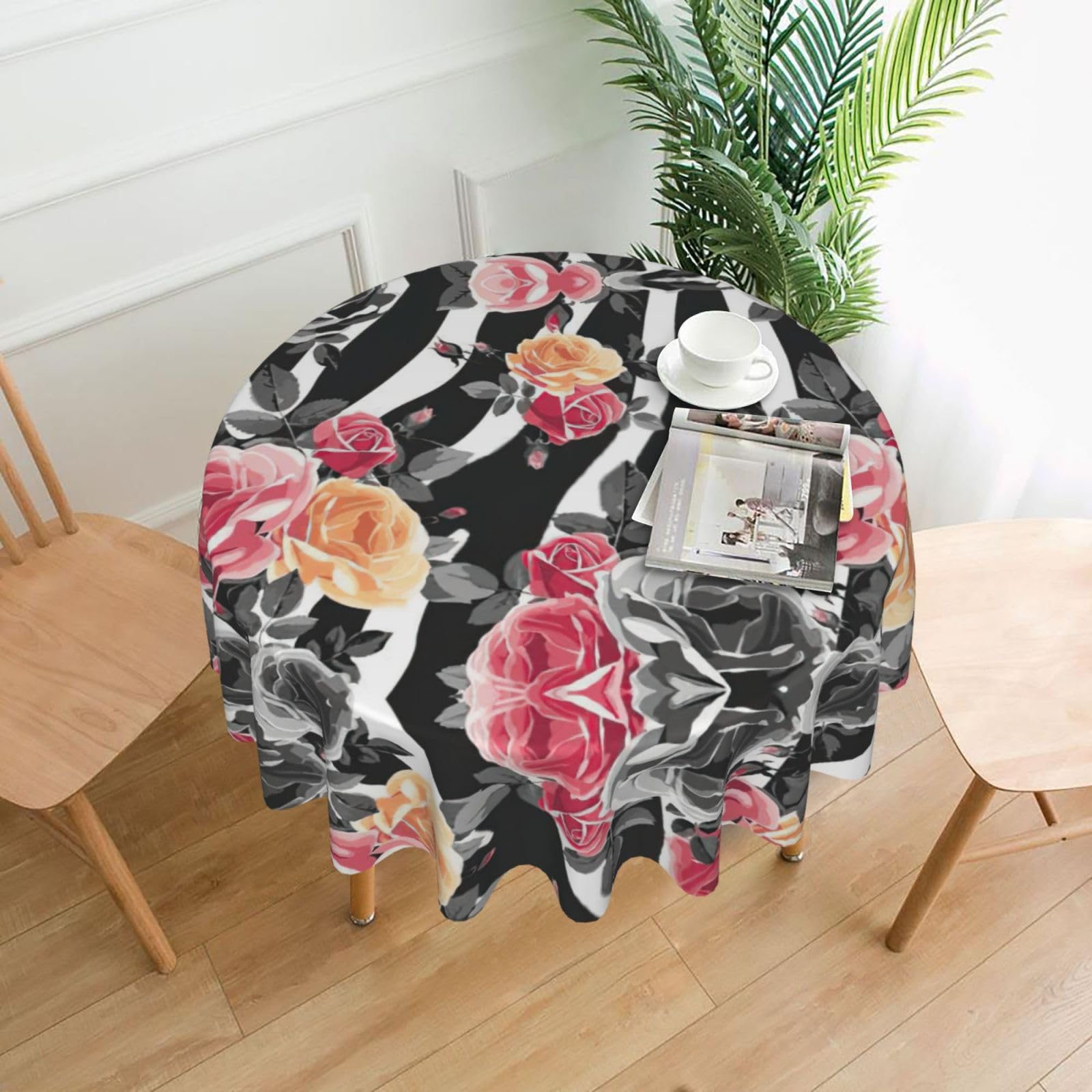 Zcmkjlg Roses Flower Floral Zebra Stripes Print Quick Ship Round Tablecloth 60in Polyester Washable Cover for Dining Room