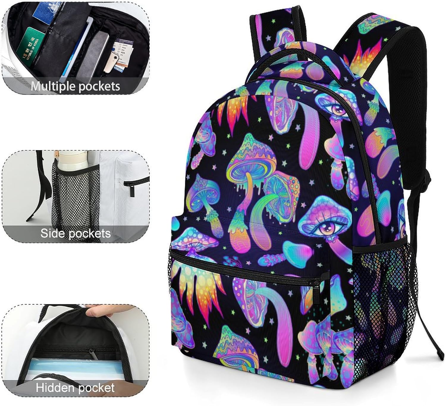 Mushrooms Psychedelic Lightweight Travel Backpack With Zipped Front Pocket Printed Laptop Bag Fashion Casual Daypack For Work, Hiking, Camping Unisex