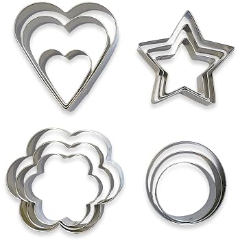 Assortment of 12 Metal Cookie Cutters, Includes 4 Cookie Cutter Shapes, Each in 3 Different Sizes, Heart,Star,Round and Flower Cookie Molds (Assorted 4 Shapes)