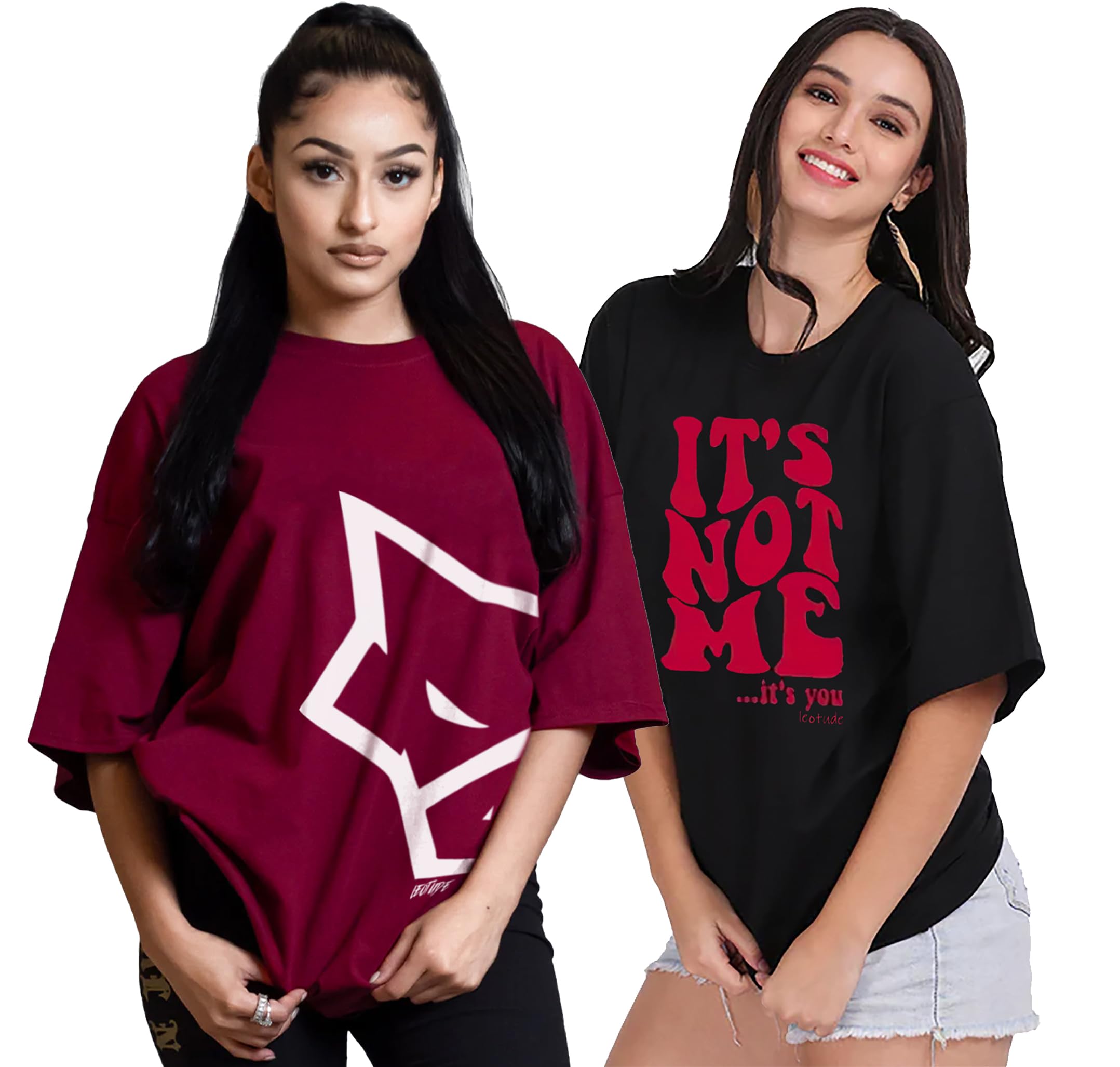 leotude Cottonblend Oversized Half Sleeve Colorful Printed Combo T-Shirts for Women (Pack of 2)-picture-58