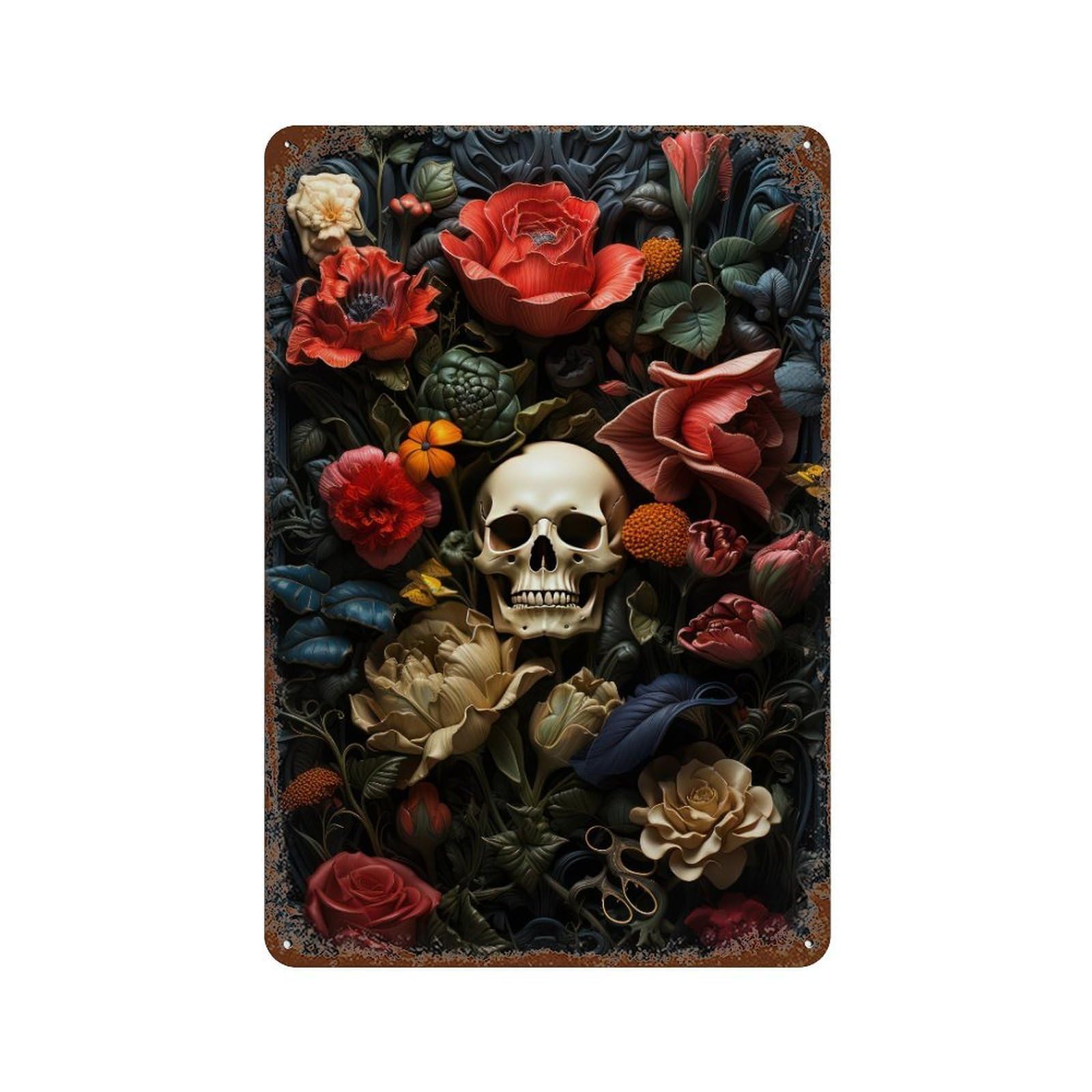 Garage Style Floral Skull Artwork Distressed Metal Wall Sign 11.8"x7.9", Rustic Home Decor for Bar And Workshop