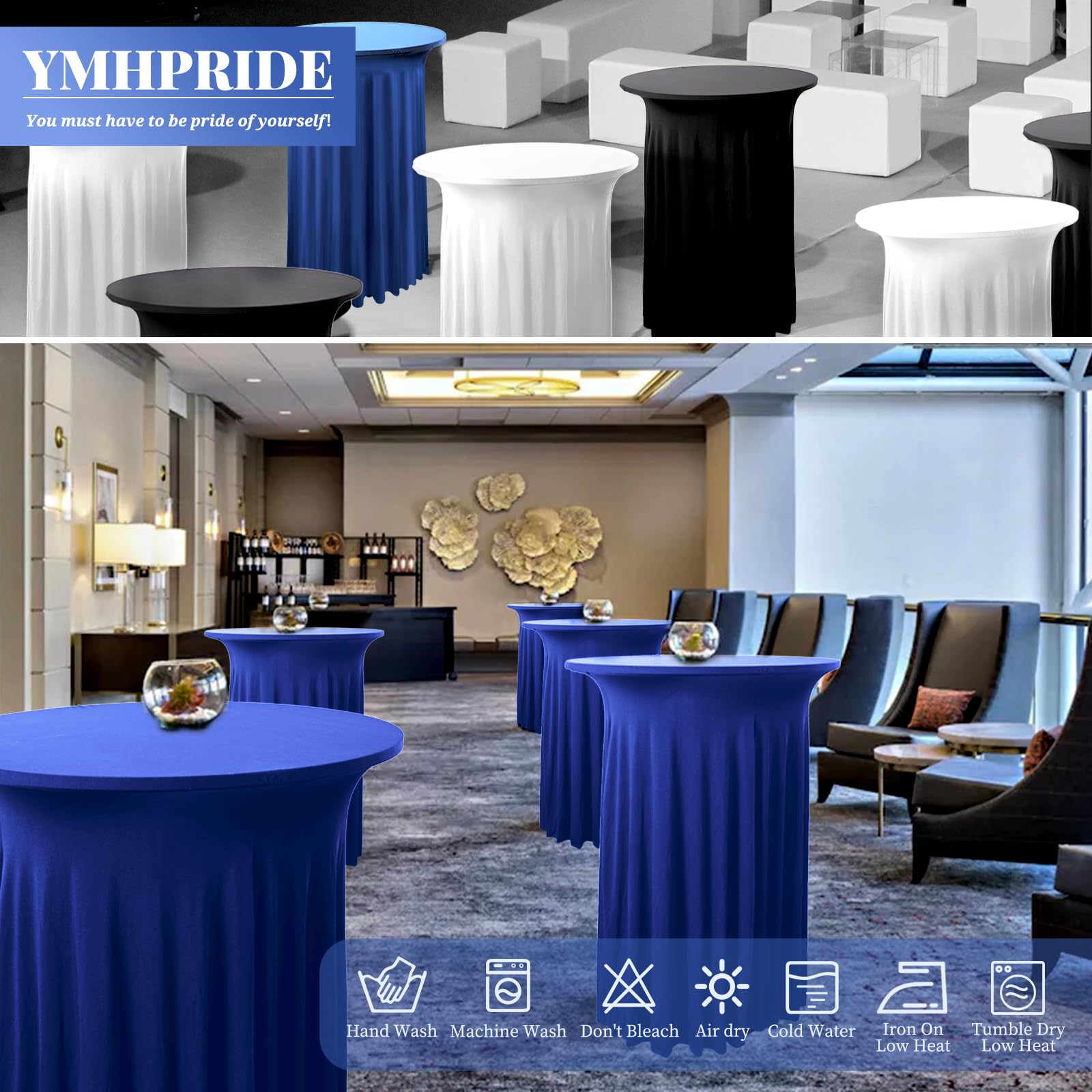 YMHPRIDE Lot de 2 Bleu Housse pour Table Haute, Nappe Mange Debout 80 x 110 cm, Bleu Nappe Jupe Plissée Extensibles en Spandex pour Cocktail Mariage Banquet Anniversaire Banquet Bar Table