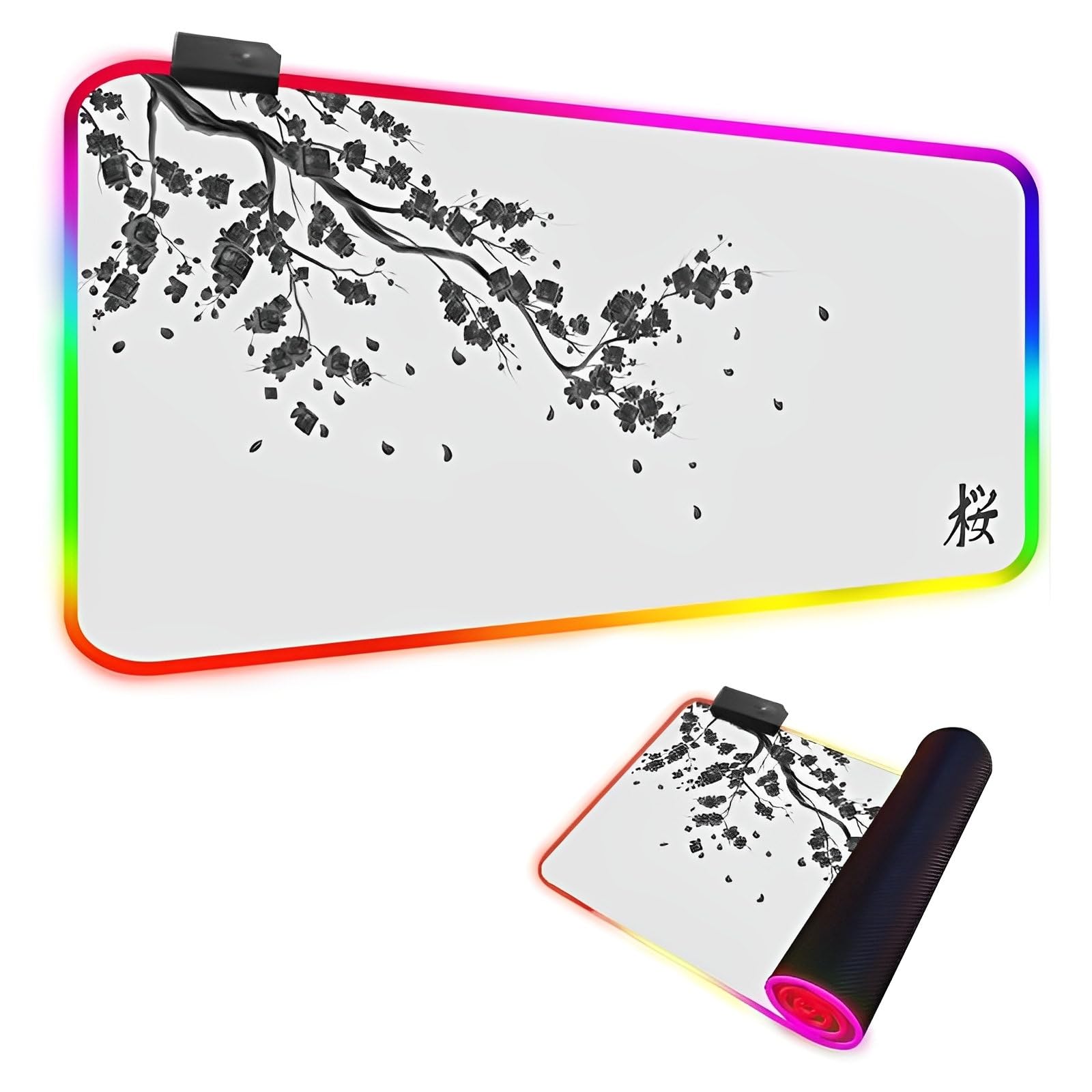 Tapis De Souris Gaming RGB XXL - Motif Sakura Japonais, 14 Modes LED, Taille Jusqu'à 900x400mm, Antidérapant