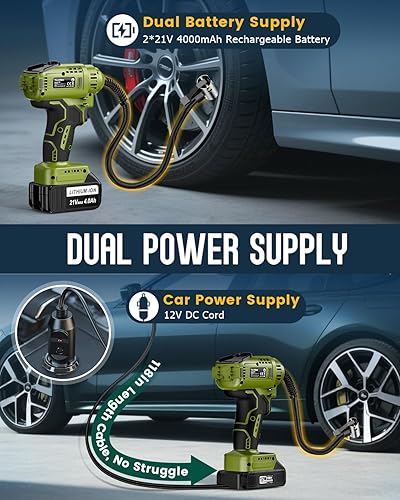 Miniatura 2 de TREE.NB Inflador de neumáticos inalámbrico Compresor de aire portátil con 2 bombas de aire alimentadas por batería de 21 V, inflador de neumáticos