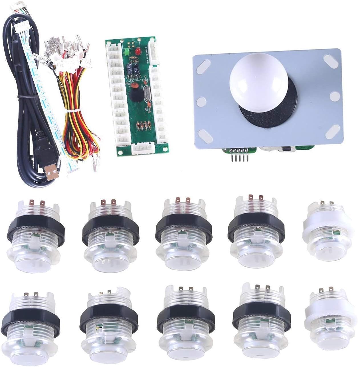WINIT Arcade Buttons and Joystick Kit LED Game DIY Parts Zero Delay USB Encoder + 1 X White 5pin 8 Way Joystick + 10 X Ring-fixing White LED Illuminated Push Button for Mama Jamma - White Color Kit