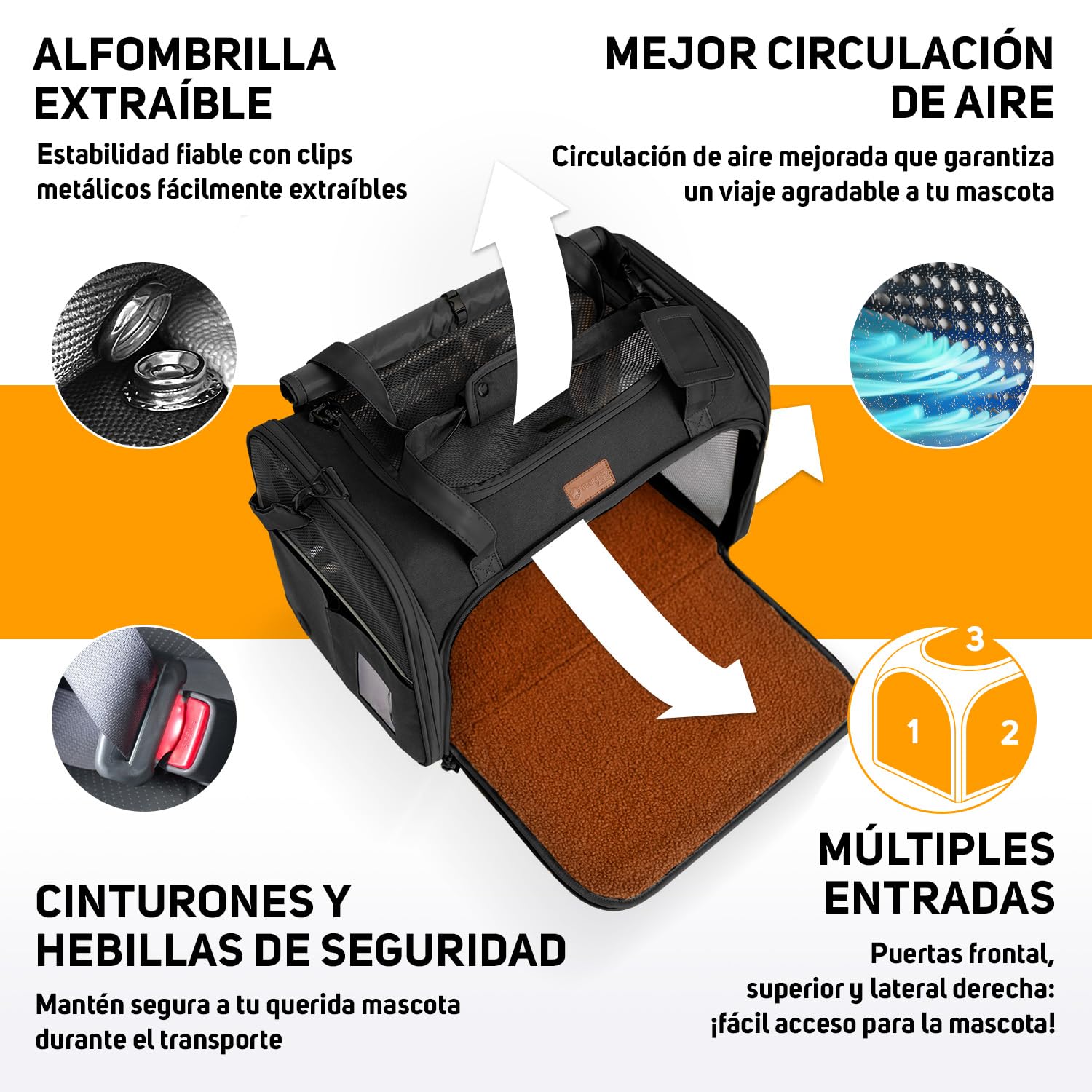 PETPROVED Transportin Perro Gato Grande Transportin Perro Pequeño Coche Mediano Trasportines para Gatos Coche Bolsa Transporte Homologado para Avion Cabina (L Negro)