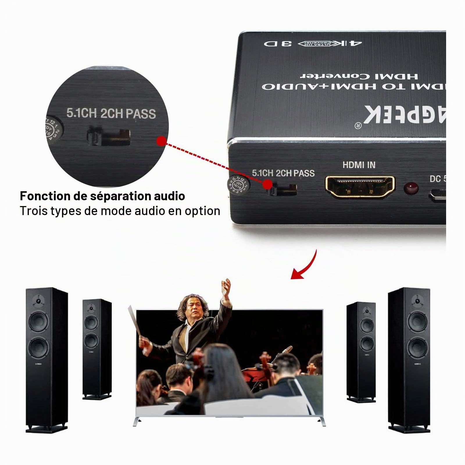 AGPTEK Extracteur Audio Switch HDMI SPLITTER 4K avec MHL, ARC, By-pass, EDID, 5.1CH/2CH, IR Support Full HD 1080P, 3D (Audio Extracteur/HDMI Switch 4K * 2K)