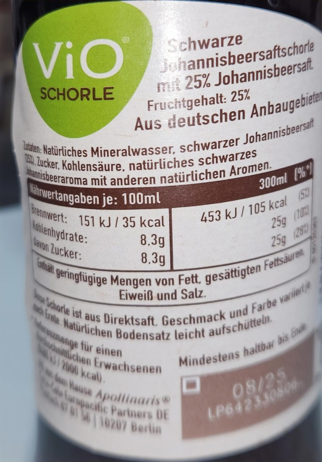 8 Flaschen a 300ml Vio Schorle Schwarze Johannisbeere inclusive 1.20€ MEHRWEG Pfand Glas