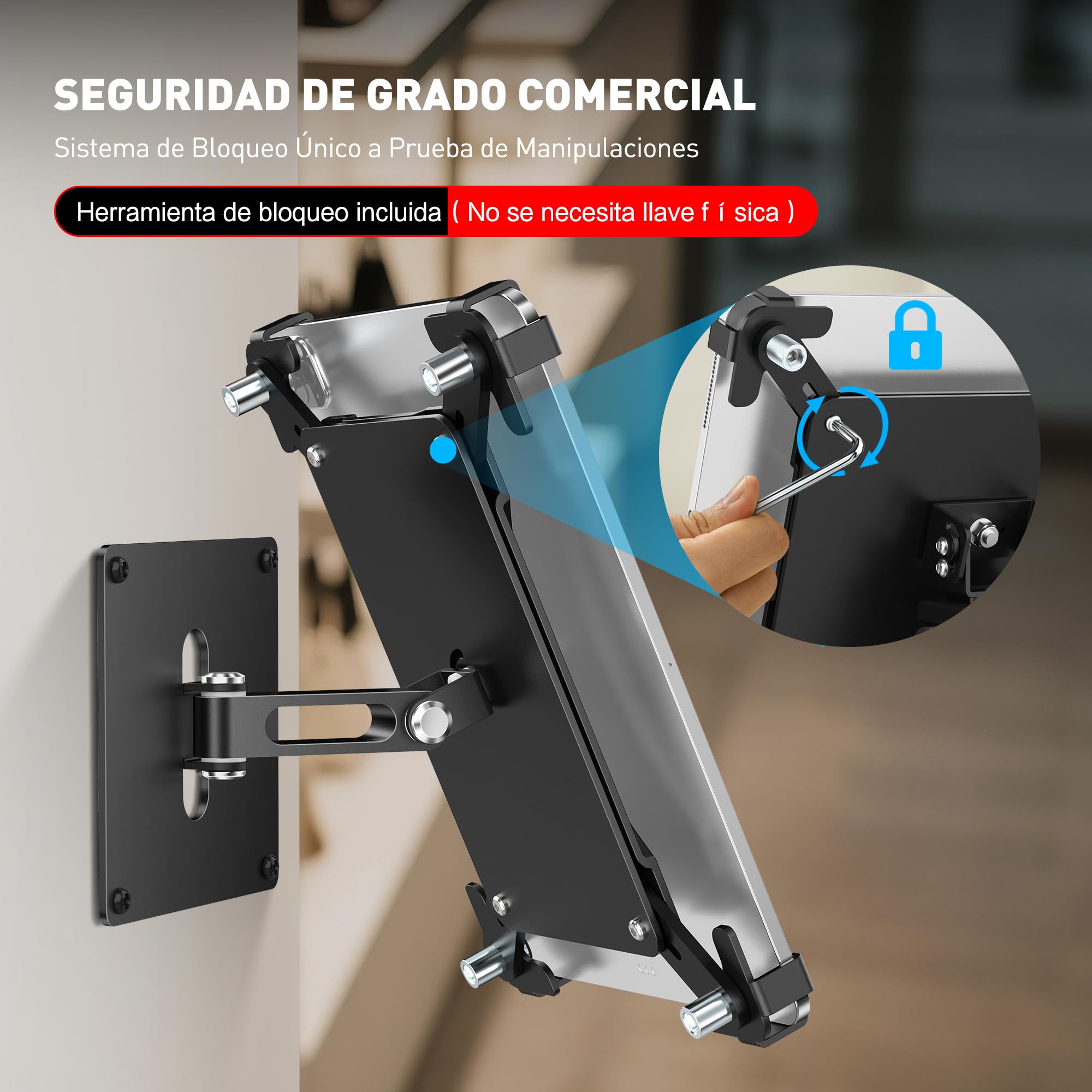 AboveTEK Soporte de pared universal para tablet, antirrobo, con carcasa con cerradura, para tabletas de 9,7 a 13 pulgadas, aluminio resistente, ideal para POS, soporte VESA giratorio e inclinable de