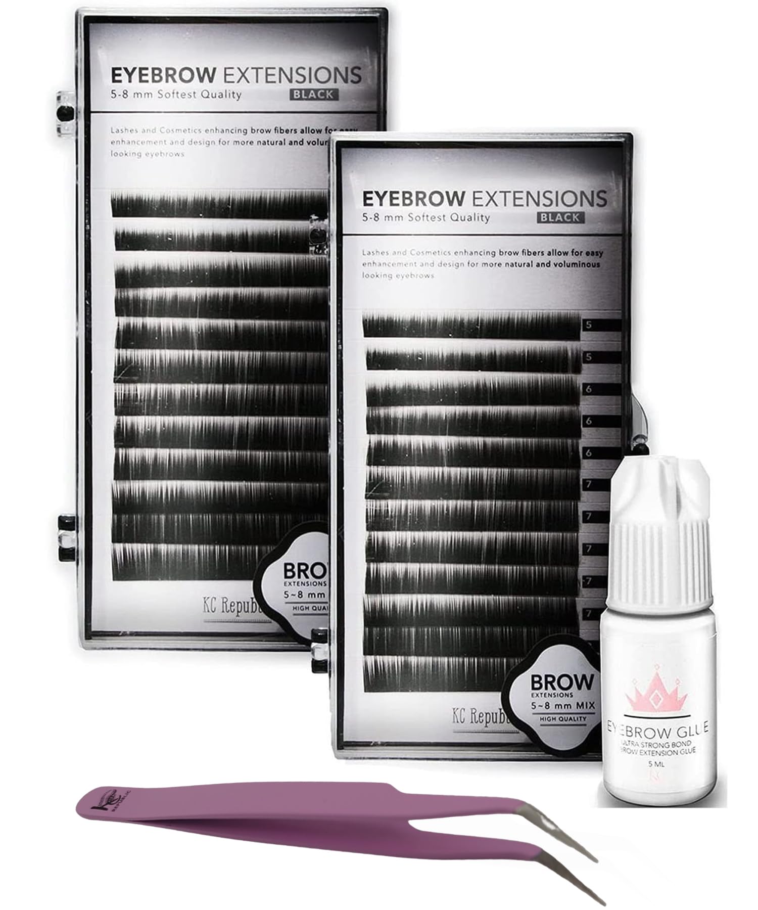 KC Republic Lash Eyebrow Extensions Kit with 2 Trays of Mink False Eyebrows in Black, Eyebrow Extension Glue Clear & Extension Tweezers, Comes on