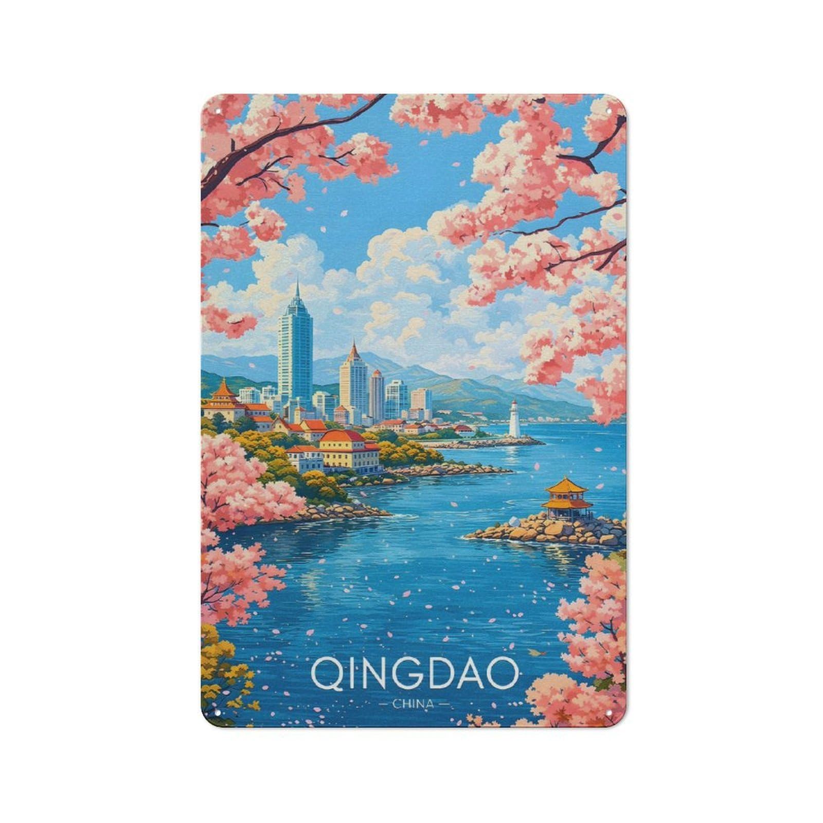 Junmoney Style-8 Qingdao Cityscape With Cherry Blossoms Rustic Metal Plaque 30X20cm For Living Room Or Hallway, For Garage, Workshop And Man Cave Decoration