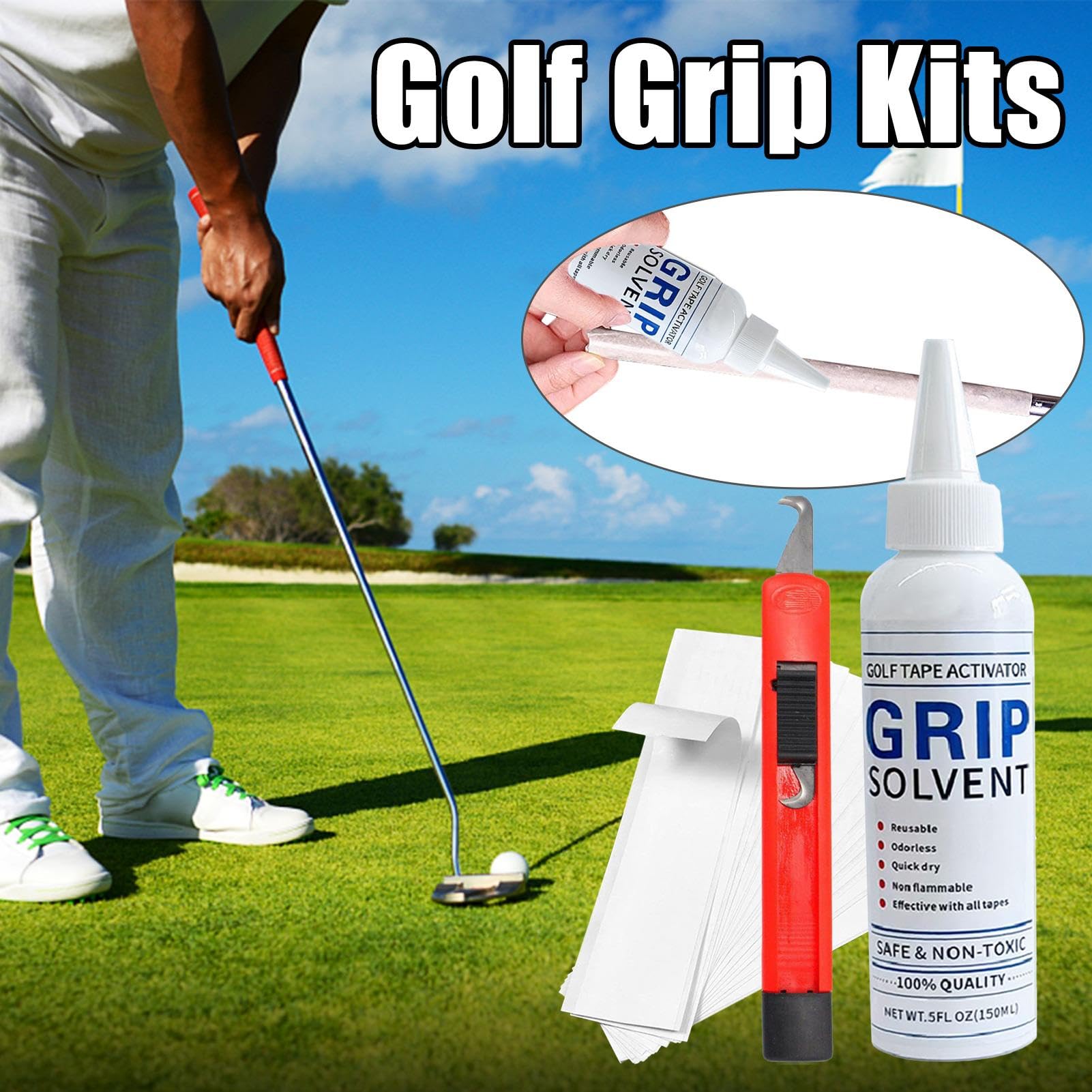 Grip Solvent Golf Grip Tape Strips - Set di ricambio per mazze da golf, kit per riparazioni di golf