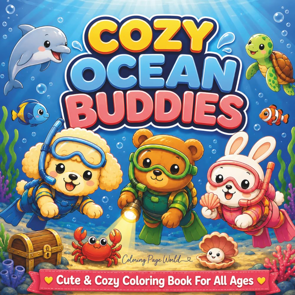 Cozy Ocean Buddies Coloring Book: Cute and Cozy Ocean Scenes for All Ages Featuring Fluffy Puppy, Tiny Bear, and Sea Friends for Relaxation and Stress ... (Cute and Cozy Buddies Coloring Adventures)