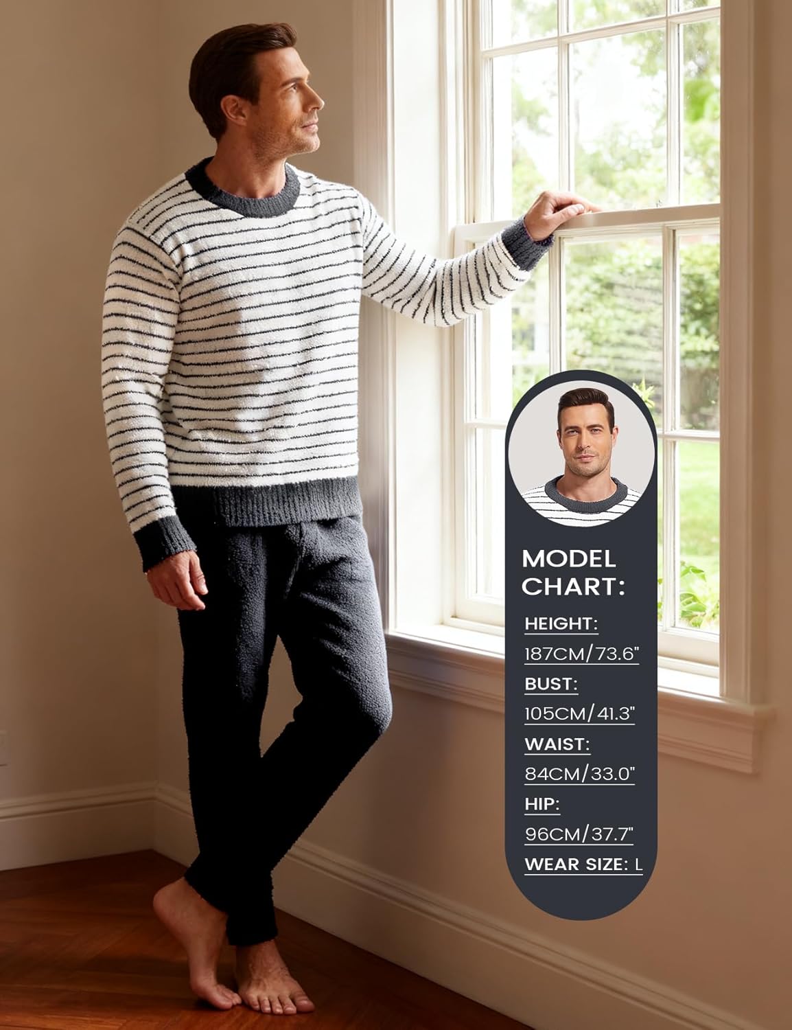 Yimoon Mens Fleece Pajama Set Striped Warm Fluffy Pjs Set Winter Long Sleeve Soft Fuzzy Sleepwear - Image 6